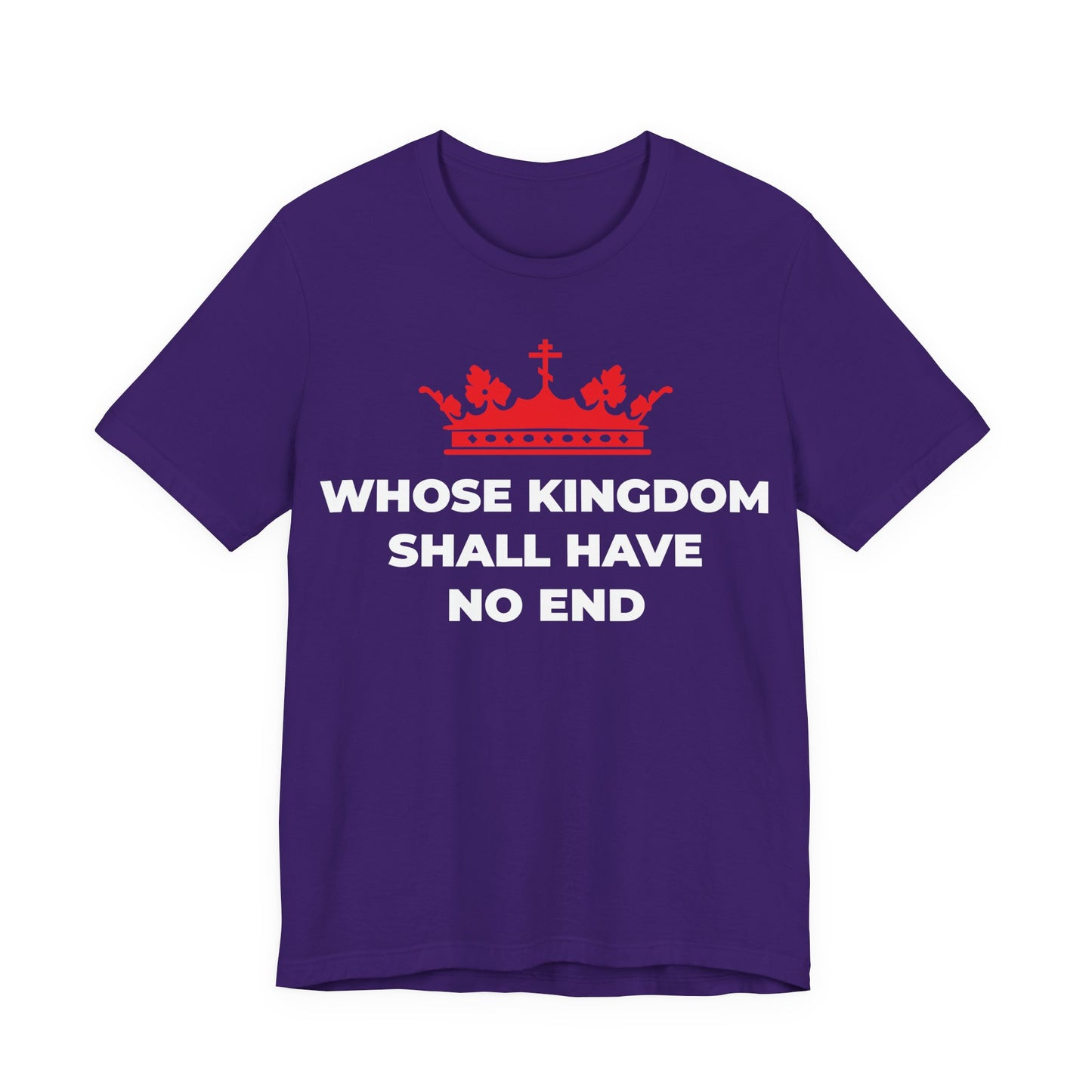 Team Purple “Whose Kingdom Shall Have No End” unisex cotton t-shirt features a red Orthodox cross crown design, inspired by the Nicene Creed and Christian eschatology—celebrating Jesus Christ’s eternal reign.