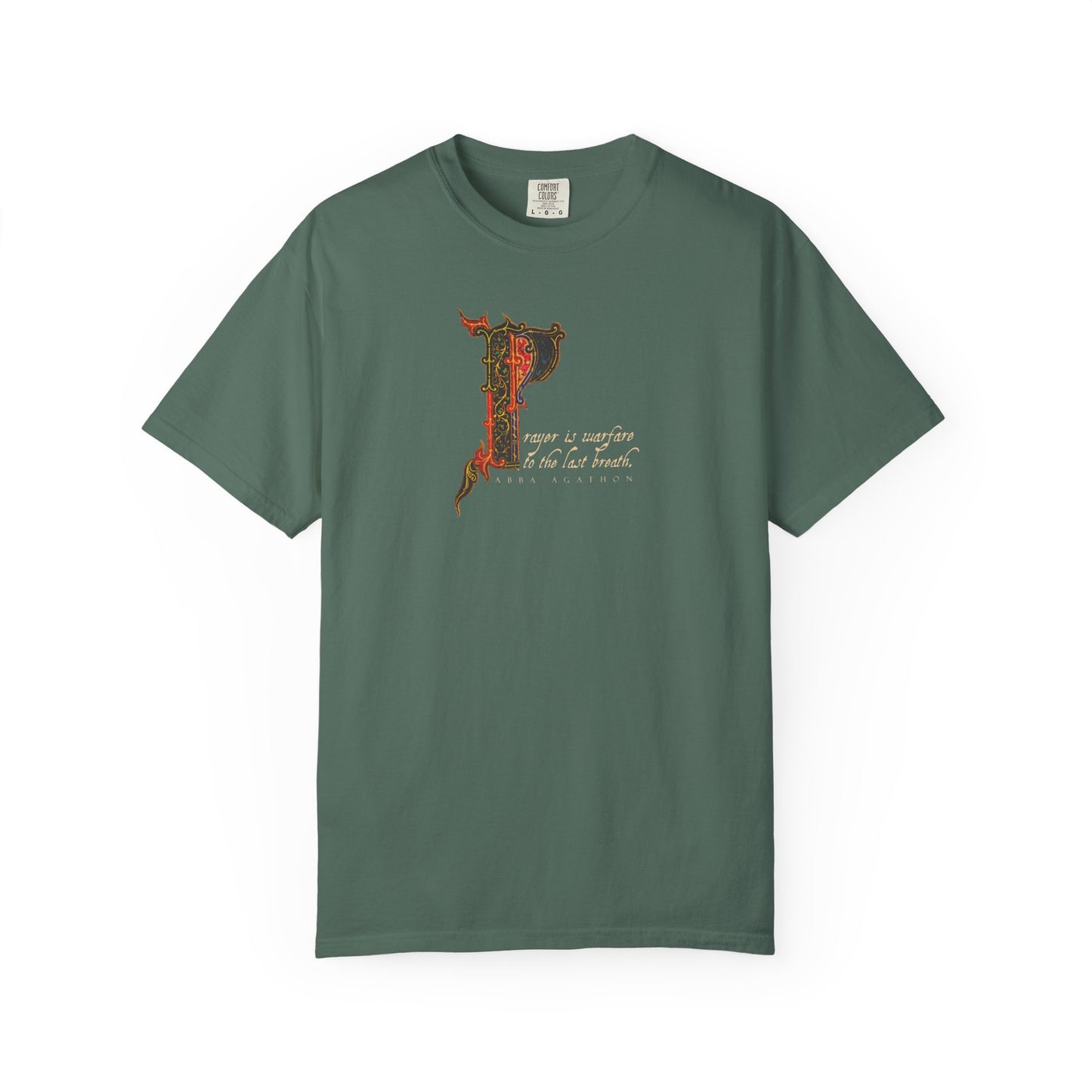 Blue Spruce heavyweight cotton t-shirt featuring a large, ornate letter P and elegant cursive lettering on the front center, inspired by the enduring strength found in prayer and spiritual warfare, as depicted in the "Prayer is Warfare to the Last Breath - Abba Agathon | Desert Fathers | Illuminated Manuscript" Orthodox Christian unisex tee.