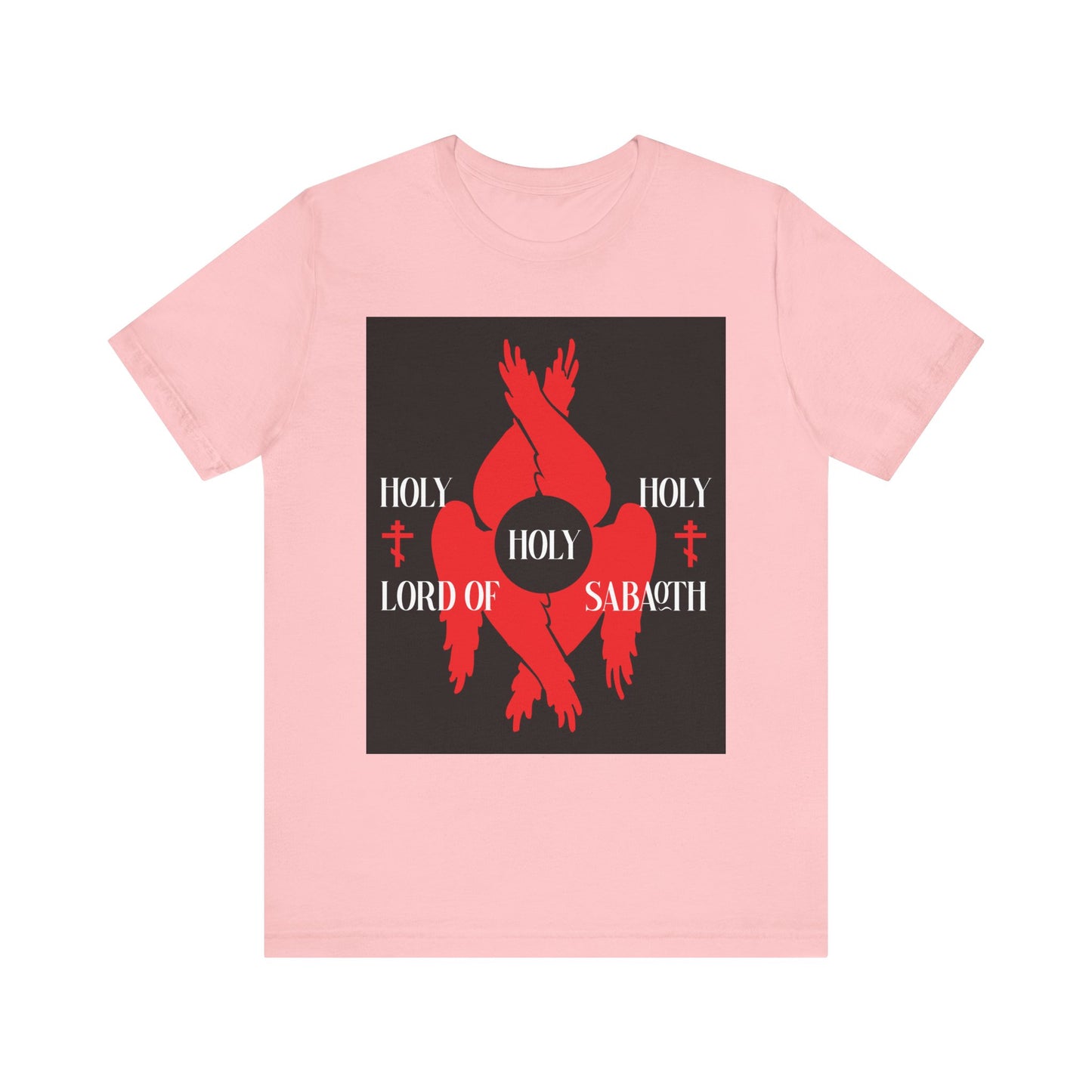 Pink unisex t-shirt with red seraphim wings, Orthodox crosses, and "Holy Holy Holy Lord of Sabaoth" text, inspired by Isaiah 6:3. Lightweight cotton.