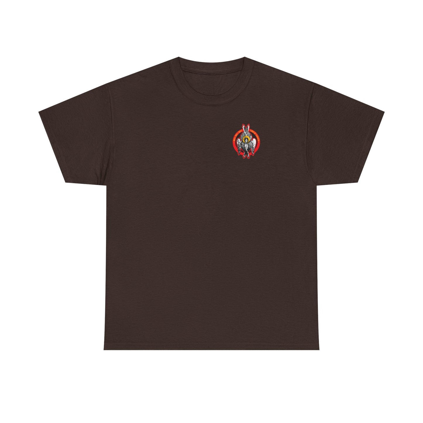 Dark Chocolate Holy Holy Holy Seraphim Angel Icono-Graphic T-shirt with a small, colorful angel warrior graphic inside a red circle on the left chest. Midweight cotton, unisex fit—part of the Heavenly Hosts of God Divine Council series.