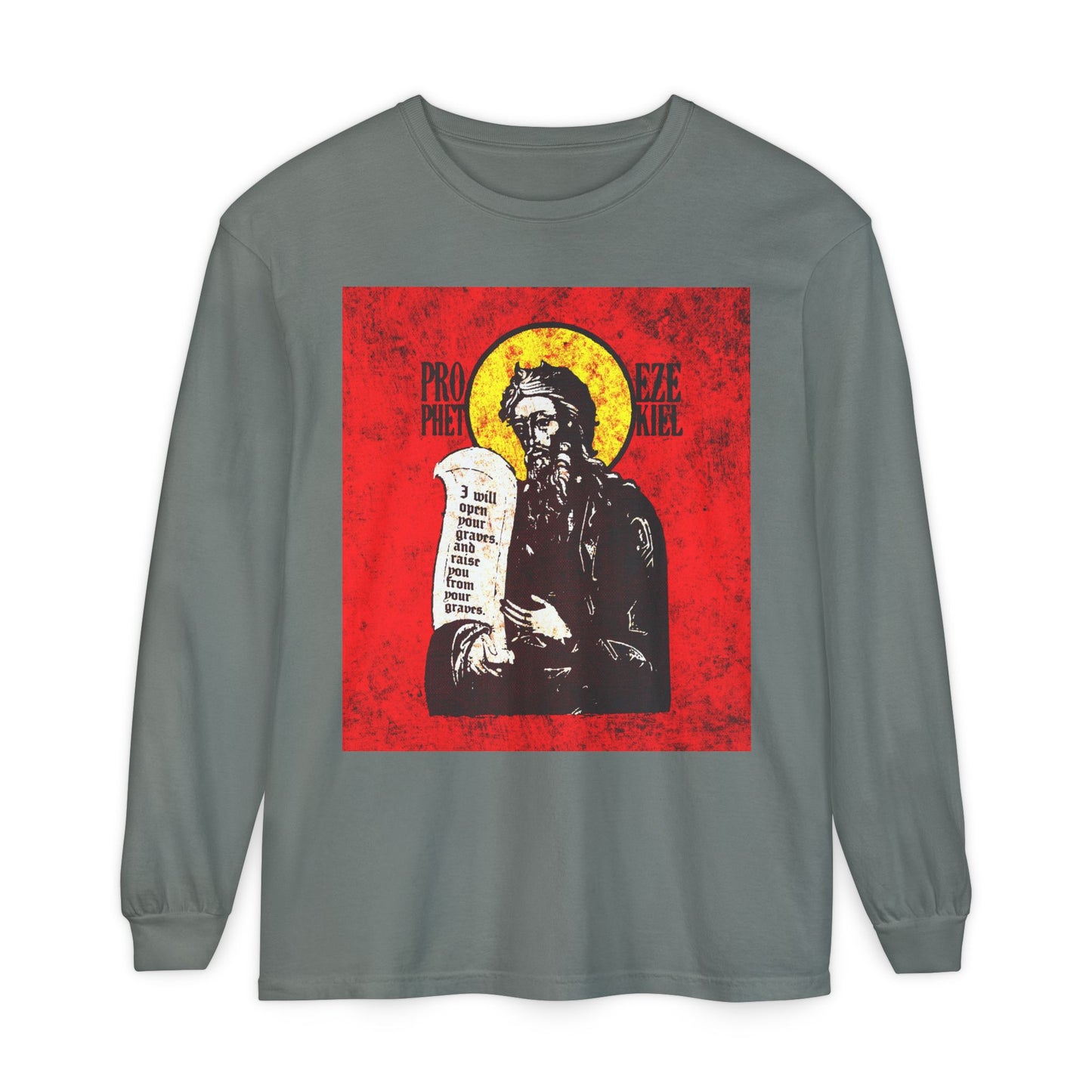 Prophet Ezekiel IconoGraphic | Textured, High Contrast Bright Red and Yellow Design | Old Testament | Orthodox Christian Long Sleeve Shirt