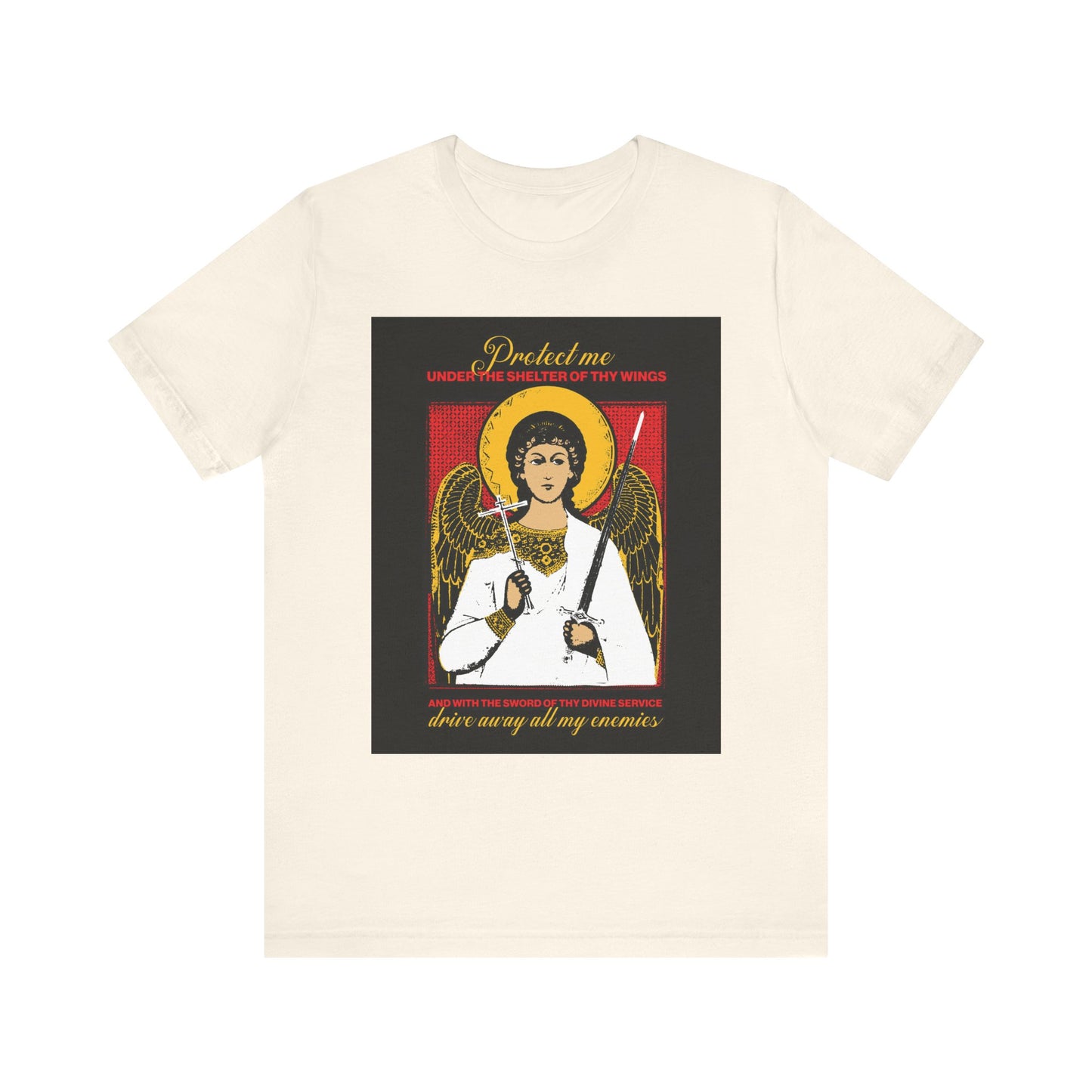 Natural t-shirt with Holy Guardian Angel holding sword & cross icono-graphic and protection prayer—“Drive Away My Enemies.” Lightweight cotton unisex design for a reminder of divine guardianship.