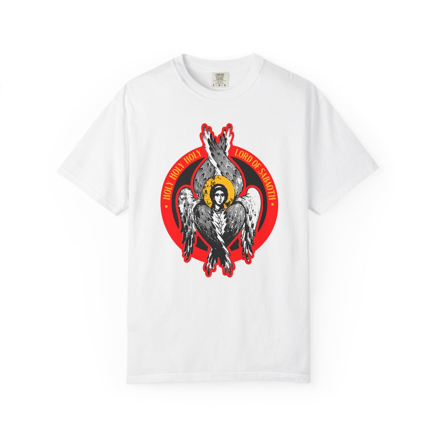 White heavyweight cotton unisex tee with a seraphim angel graphic and “Holy Holy Holy, Lord of Sabaoth” in a red and gold circle, inspired by Isaiah 6’s vision of the Lord of Hosts.