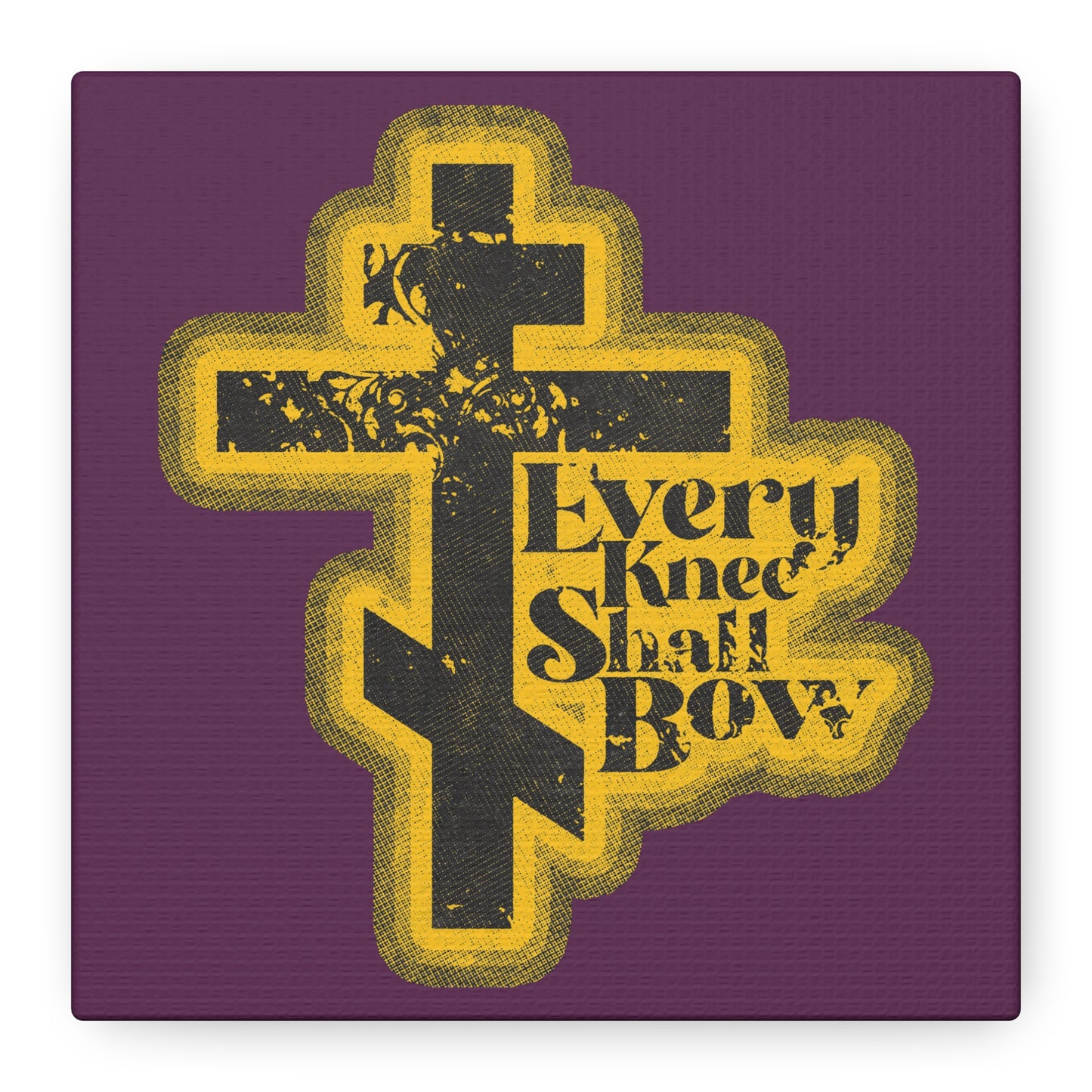Every Knee Shall Bow | 70s Distressed Halftone Comic Book Aesthetic — Christian wall art featuring Philippians 2:10-11 and Isaiah 45:23 in bold text on a purple background with a stylized cross.