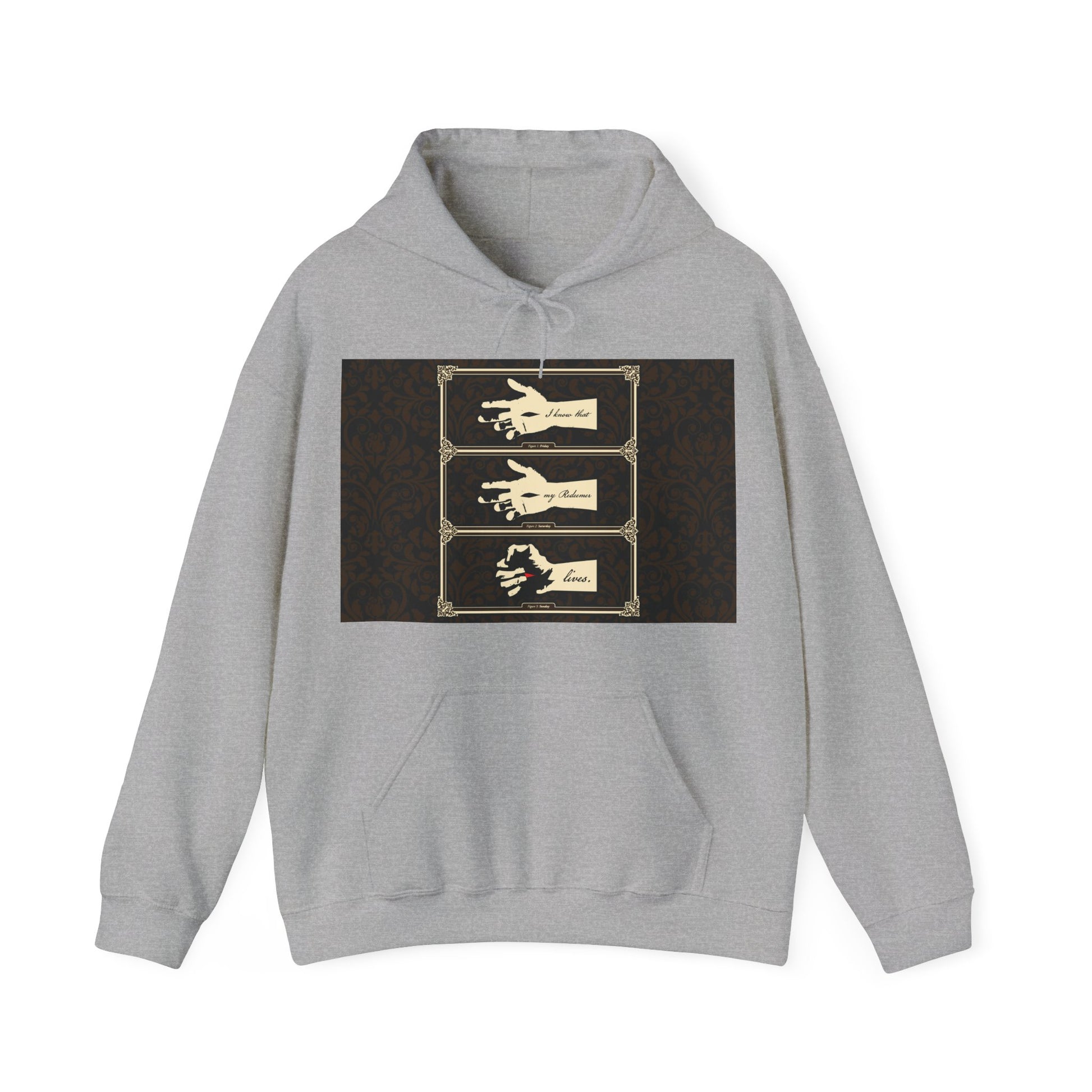 Sport Grey hoodie featuring a graphic of the Hand of the Crucified Christ and the phrase "I Know That My Redeemer Lives" (Job 19:25) in an earthtone Americana Orthodox Christian style.