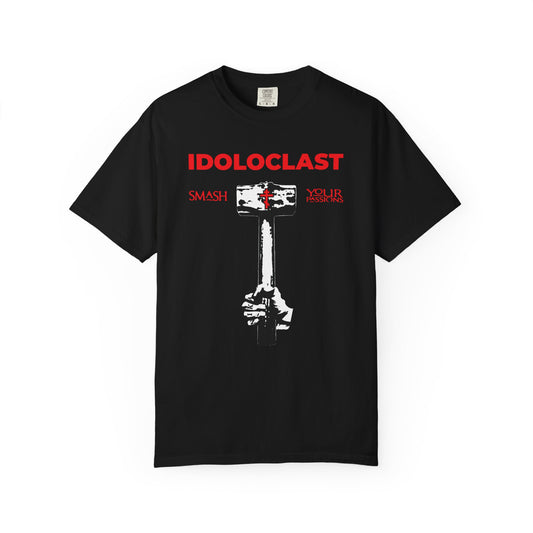 Black heavyweight cotton unisex t-shirt featuring "Idoloclast Idol-Smasher," a Jesus fist with sledgehammer, "Smash Your Passions" text, and ICXC NIKA—Christian ascetic apparel inspired by conquering passions.