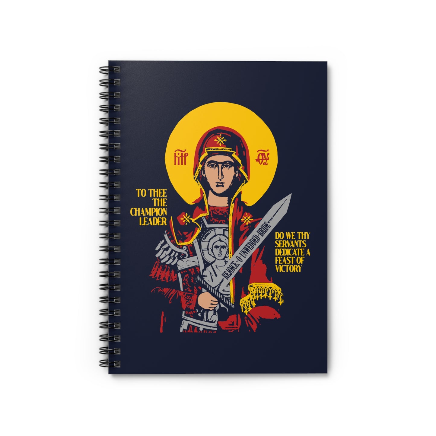 The "To Thee the Champion Leader" Christian Spiral Notebook features a Theotokos with Sword icon, yellow halo, and religious text honoring the Mother of God and the Feast of Victory on its cover.