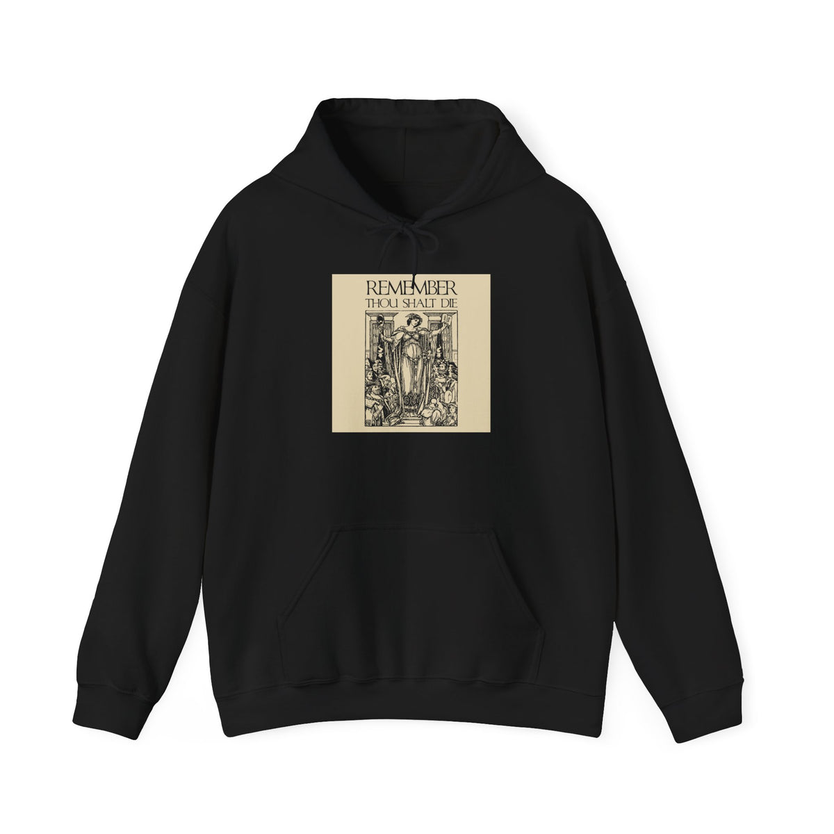 Black “Remember You Will Die” hoodie featuring a classic woodcut illustration and a Shakespearean-inspired, Memento Mori design with Orthodox Christian themes. Inspired by the lamentations of St Ephraim the Syrian, this vintage-style garment reflects on mortality and the day of death.