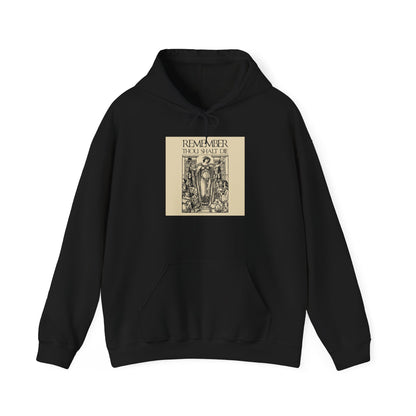 Black “Remember You Will Die” hoodie featuring a classic woodcut illustration and a Shakespearean-inspired, Memento Mori design with Orthodox Christian themes. Inspired by the lamentations of St Ephraim the Syrian, this vintage-style garment reflects on mortality and the day of death.