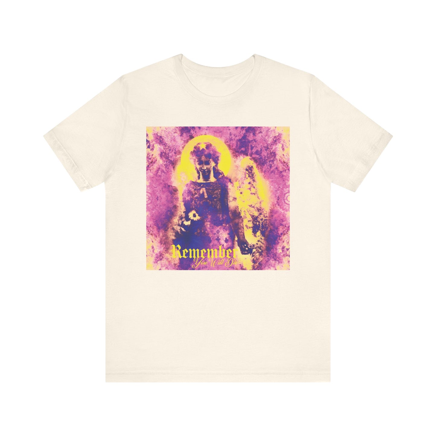 Natural t-shirt featuring the "Remember You Will Die Pastel Goth Psychedelic Cemetery Angel" design—a purple and yellow graphic of a Guardian Angel with the text "Remember You Are Loved.