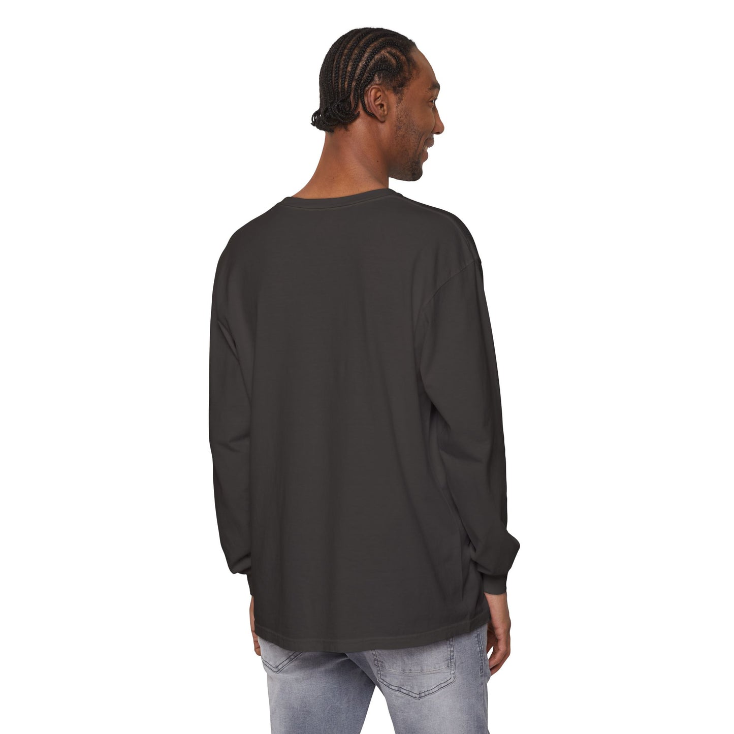Man shown from the back in a black "King of Kings Crown of Thorns | Christ is King | Revelation 19:16" Christian cotton long sleeve shirt and light jeans, standing against a white background, evoking the message of faith and strength.