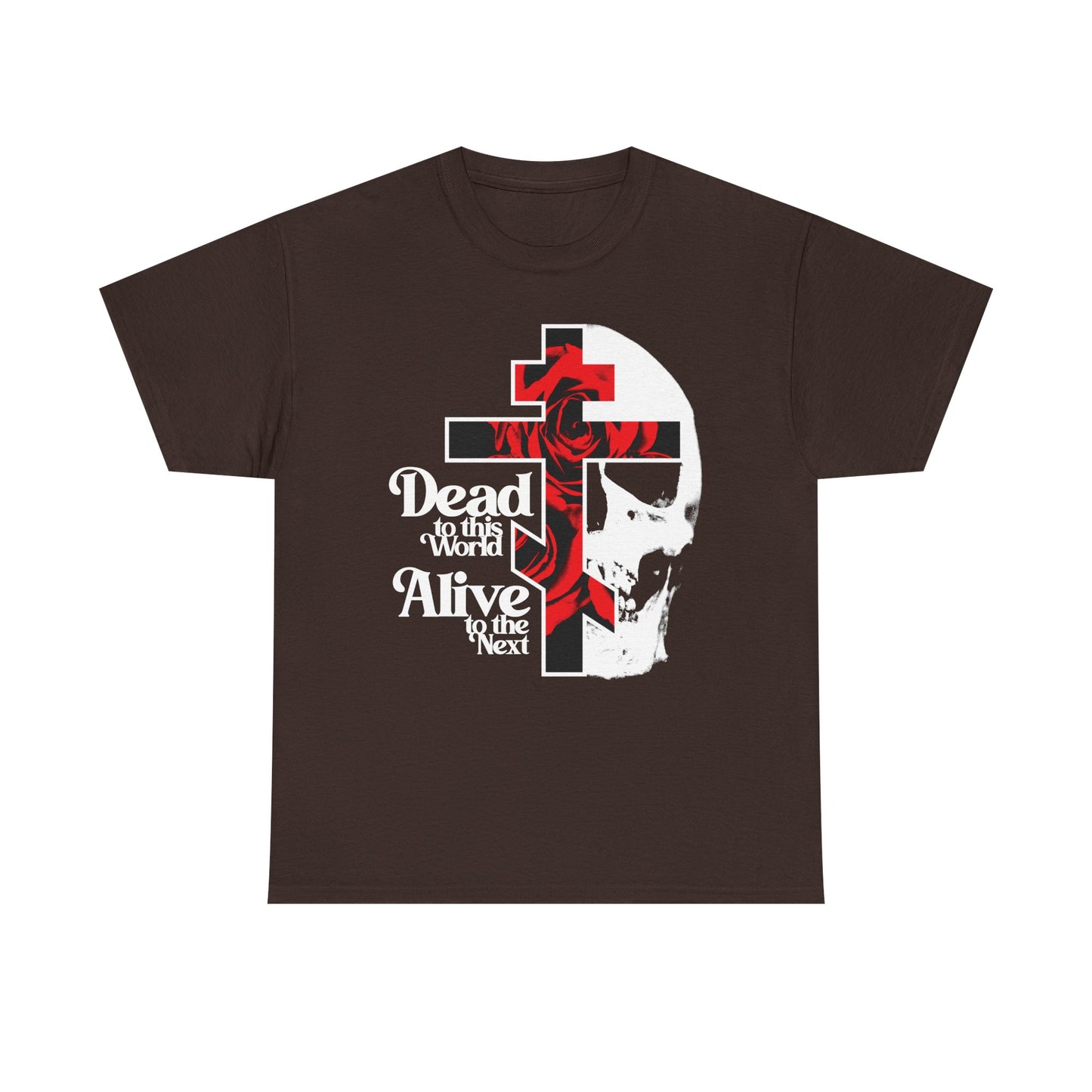 Dark Chocolate t-shirt, bestselling design: Dead to this World | Christian Goth Flower Cross & Skull, 70s typography—a bold nod to Orthodox faith and detachment, inspired by the Ladder of Divine Ascent.