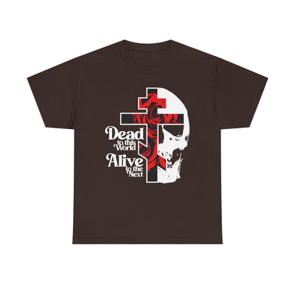 Dark Chocolate t-shirt, bestselling design: Dead to this World | Christian Goth Flower Cross & Skull, 70s typography—a bold nod to Orthodox faith and detachment, inspired by the Ladder of Divine Ascent.