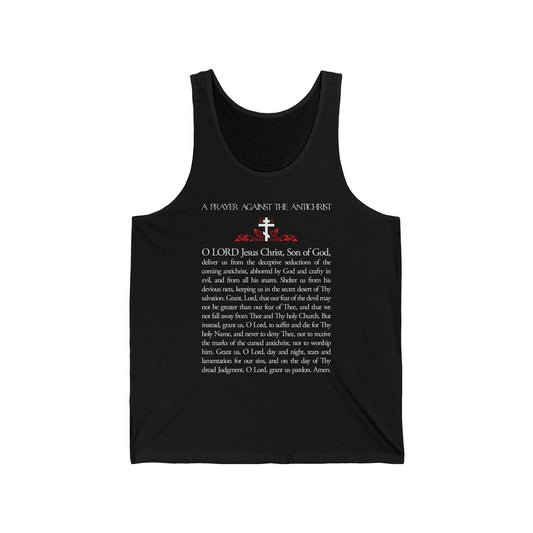 Black cotton tank top featuring "Prayer Against the Antichrist By Elder Anatoly the Younger of Optina" with Book of Revelation themes and "Christ is King" text; Orthodox Christian design in white and red.