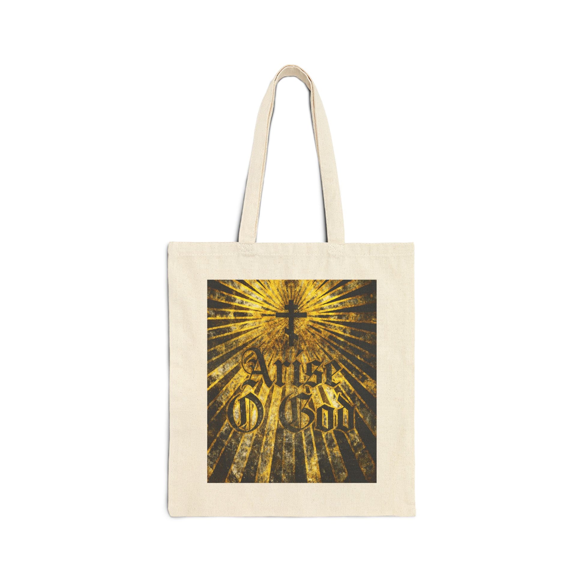 Natural tote bag featuring “Arise O God” in textured Gothic font, inspired by Psalm 81 (82 LXX), with a central Orthodox cross and golden rays—reflecting the Divine Council worldview.