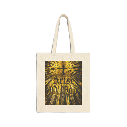 Natural tote bag featuring “Arise O God” in textured Gothic font, inspired by Psalm 81 (82 LXX), with a central Orthodox cross and golden rays—reflecting the Divine Council worldview.