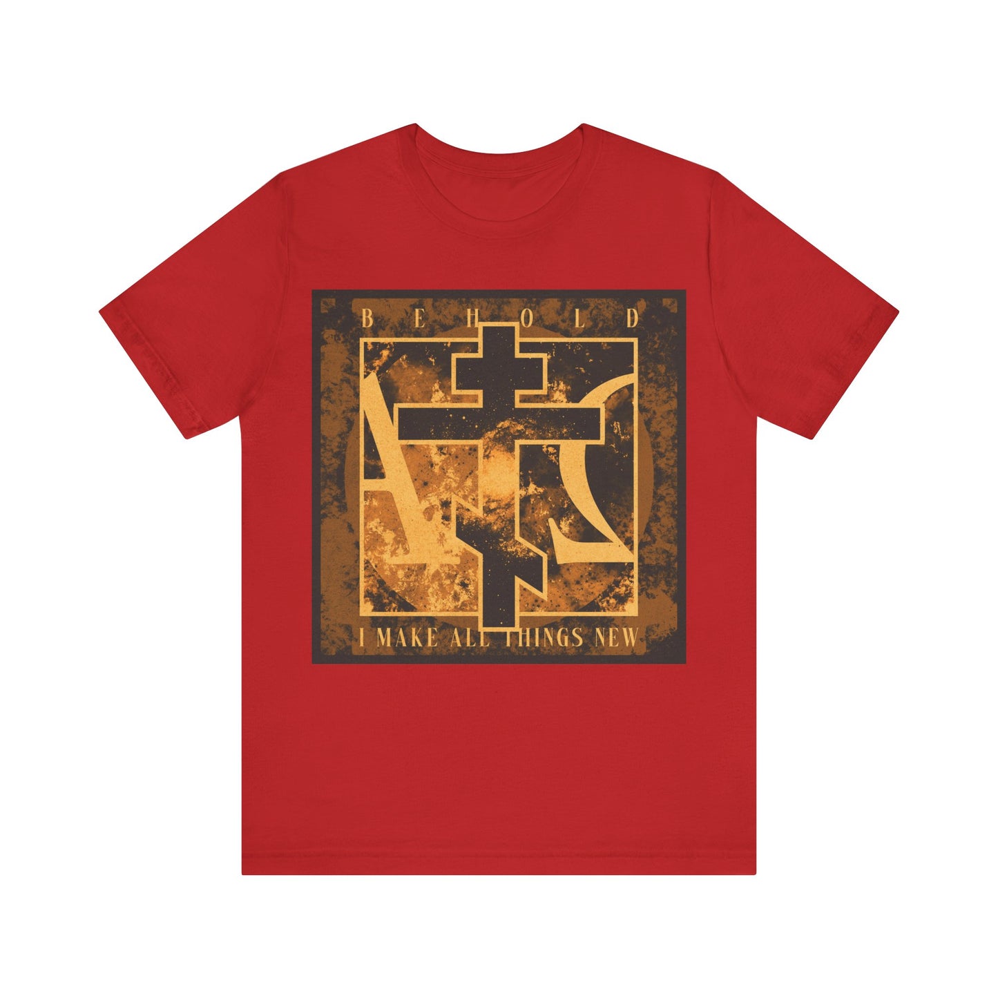 Red cotton T-shirt featuring a brown and orange Orthodox cross with Alpha & Omega on the background and the words “Behold, I Make All Things New” (Rev 21:5), inspired by Orthodox Christian faith.