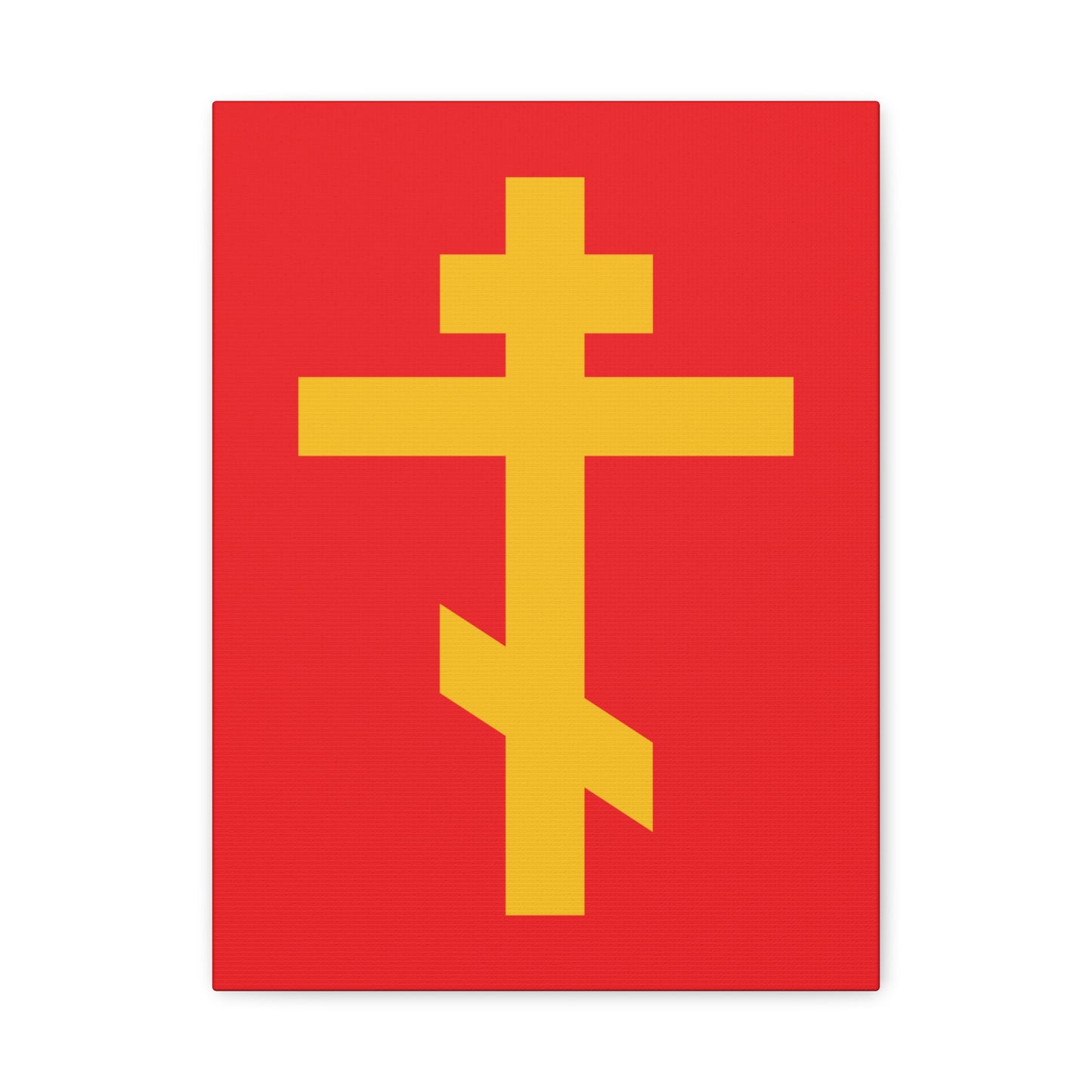 The Yellow Orthodox Cross Red Background canvas art is a precious, life-giving weapon of unseen warfare and scourge of demons—Orthodox wall decor that powerfully symbolizes victory in Christ.