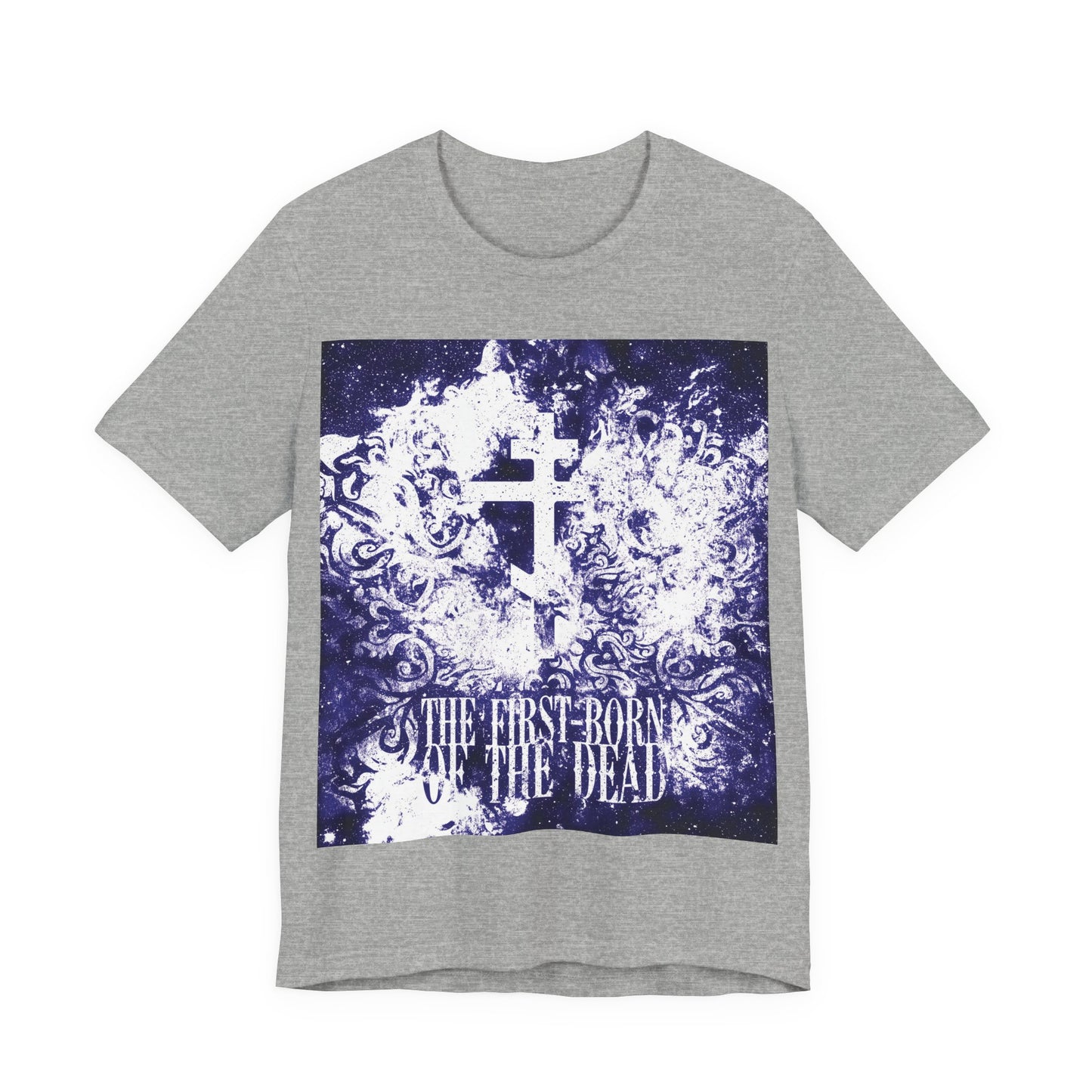 The First-Born of the Dead | Glowing White & Blue Textured Cosmic Orthodox Cross | Resurrection & Apocalypse | Christian Unisex Cotton Tee