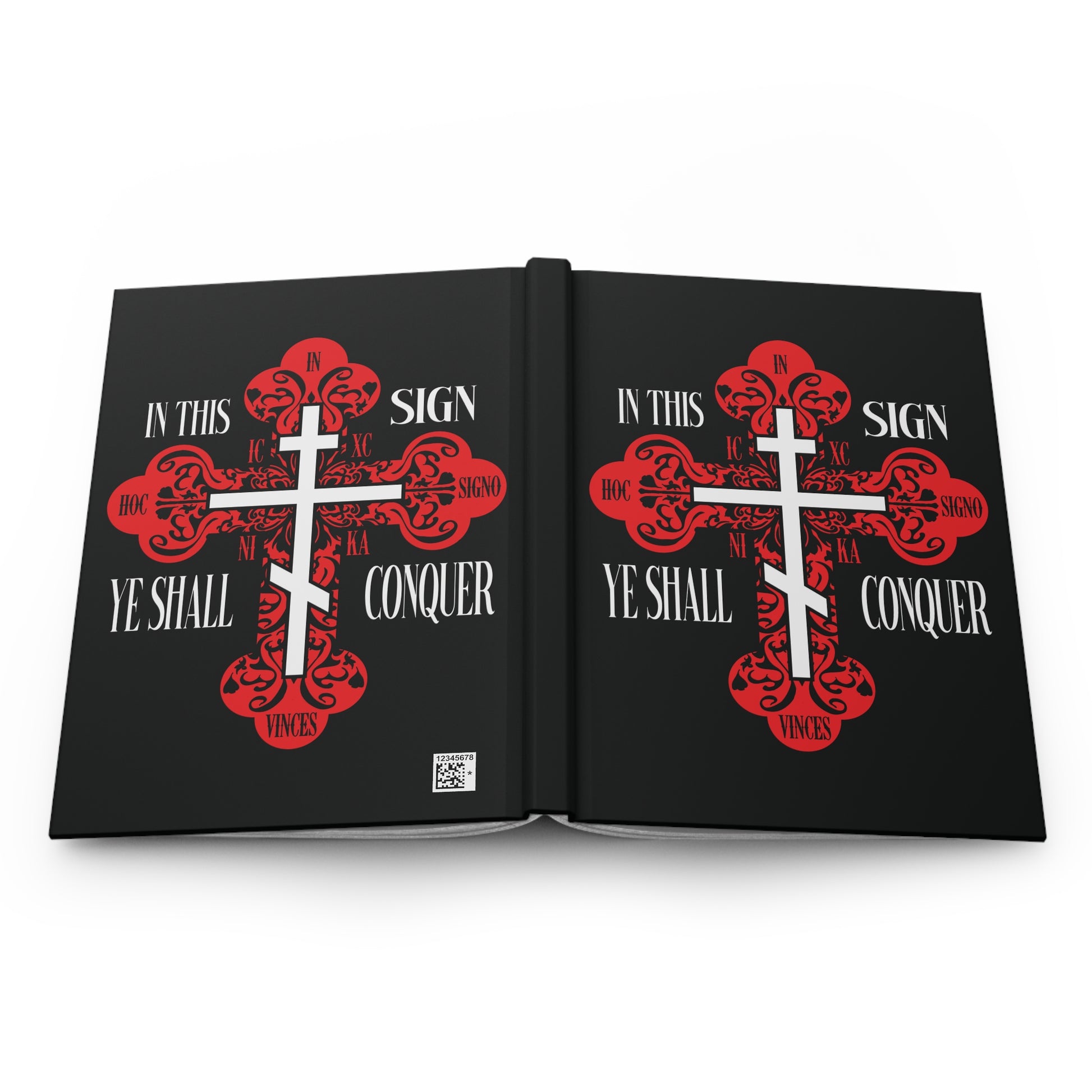Black book cover featuring a red ornate Orthodox Cross and the text "In This Sign Ye Shall Conquer | In Hoc Signo Vinces | ICXC NIKA | Jesus Christ Conquers"—a Christian journal symbolizing victory through the life-giving Cross.