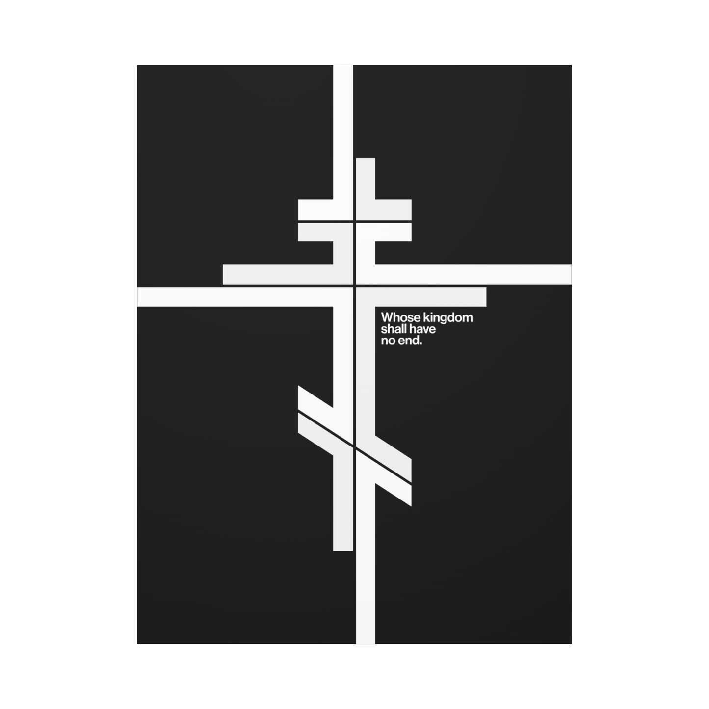 The "Whose Kingdom Shall Have No End" modernist minimalist canvas art features a white Orthodox cross on black with Luke 1:32-33, reflecting the eternal Kingdom of God—core Orthodox doctrine—in a stylish Christian logo design.