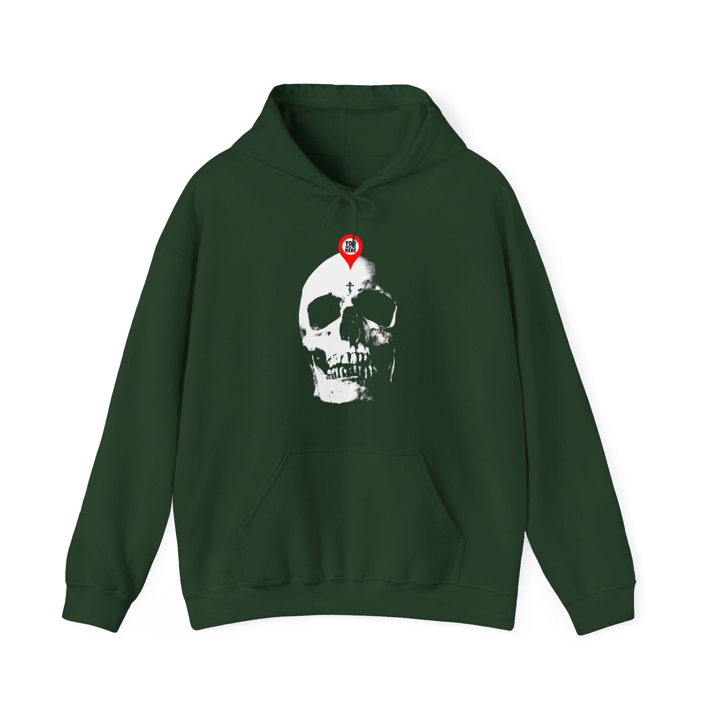 Forest green hoodie with "You Will Be Here" maps marker on skull design—memento mori theme inspired by Orthodox Christian tradition, reminding us to reflect on life’s meaning: what you are I once was, remember you will die.