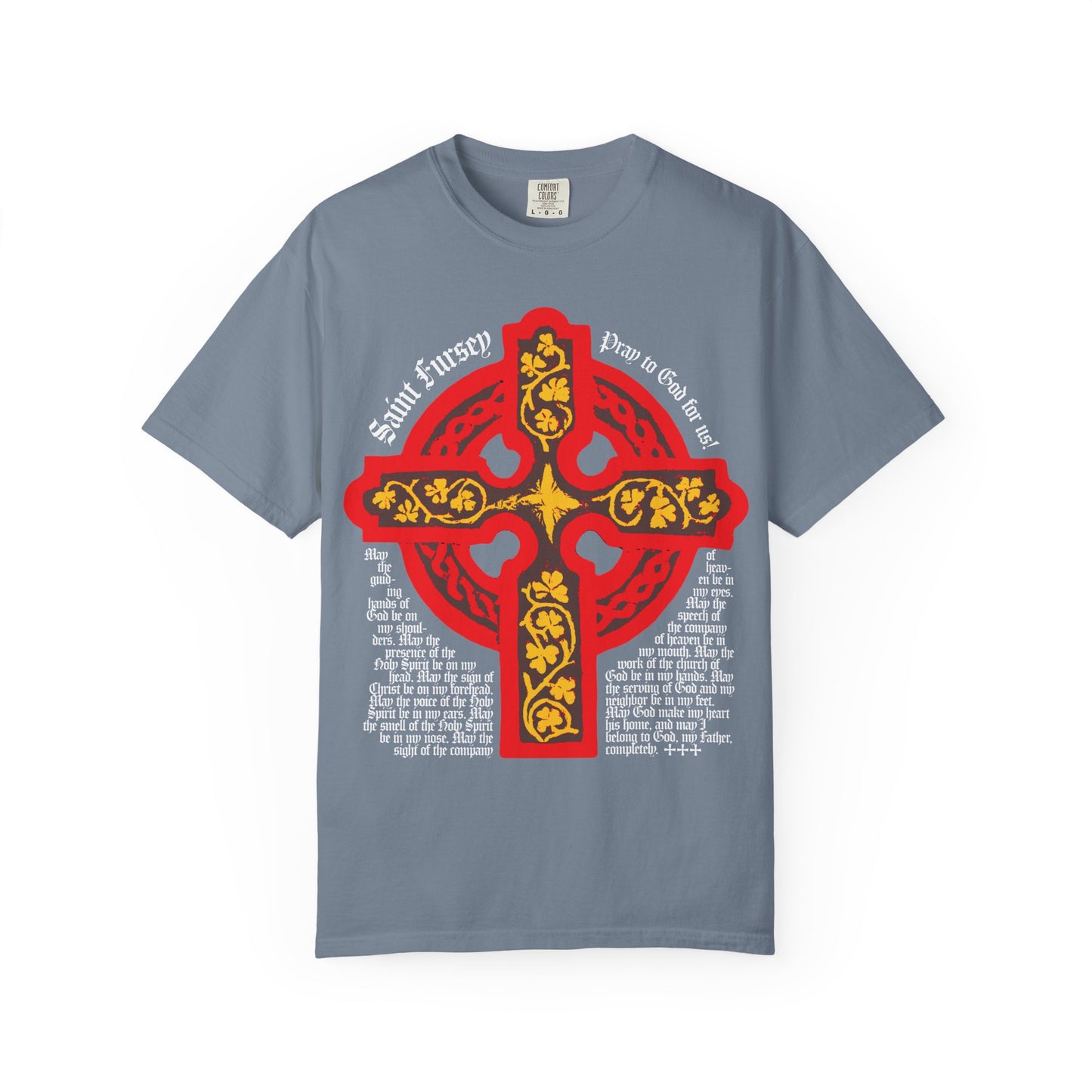 Blue Jean heavyweight cotton unisex tee featuring a large red and yellow Celtic cross inspired by the Lorica Shield Prayer of St Fursey, with white stylized text. Irish Orthodox Western Rite Christian design.