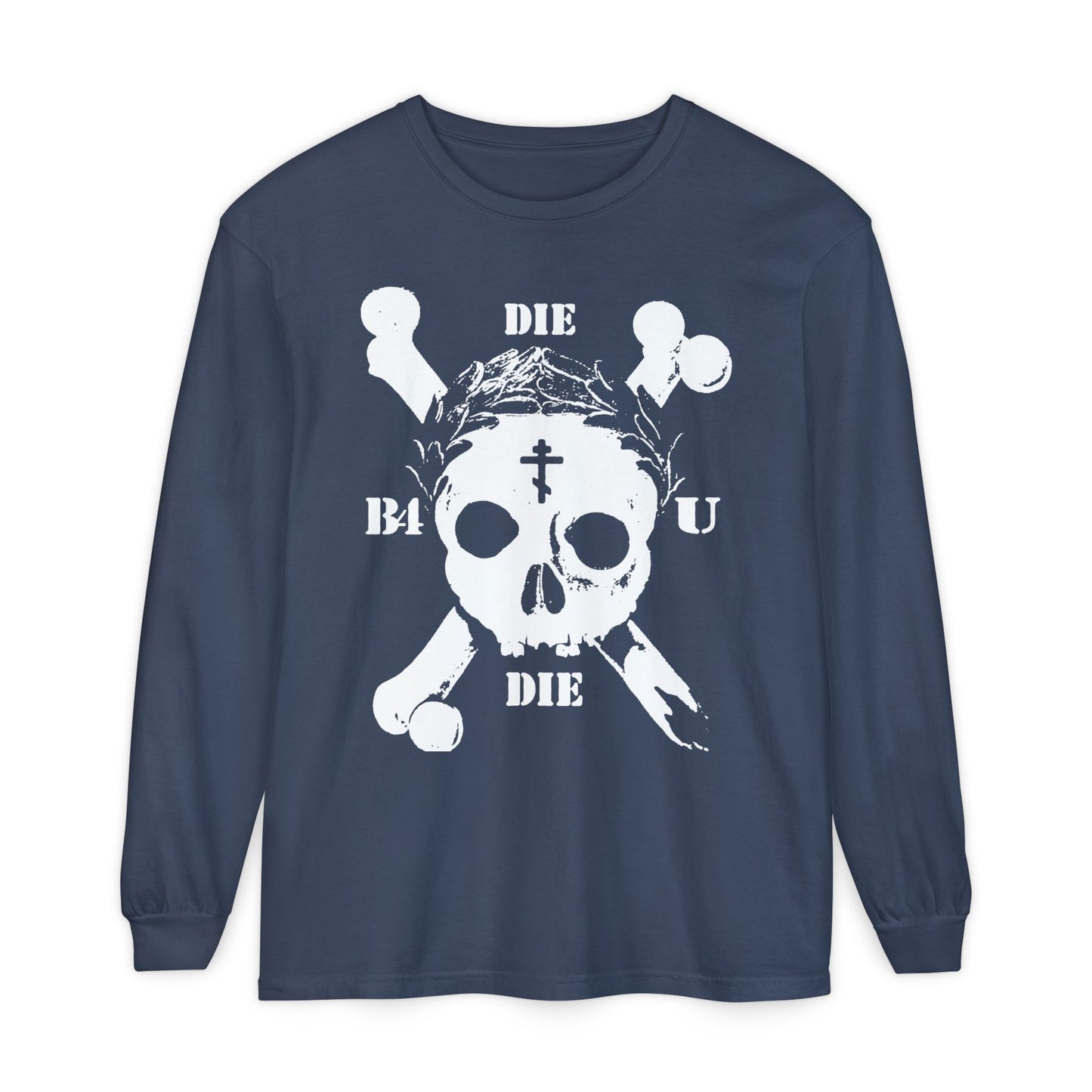 Midnight long sleeve featuring a retro skull & crossbones, Orthodox cross, laurel wreath, and “Die Before You Die”—a Memento Mori tribute to ascetic Christian faith.