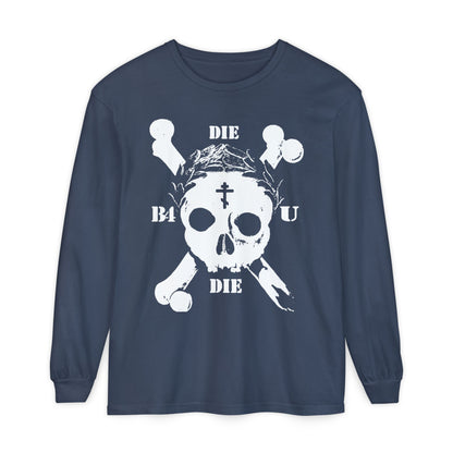 Midnight long sleeve featuring a retro skull & crossbones, Orthodox cross, laurel wreath, and “Die Before You Die”—a Memento Mori tribute to ascetic Christian faith.