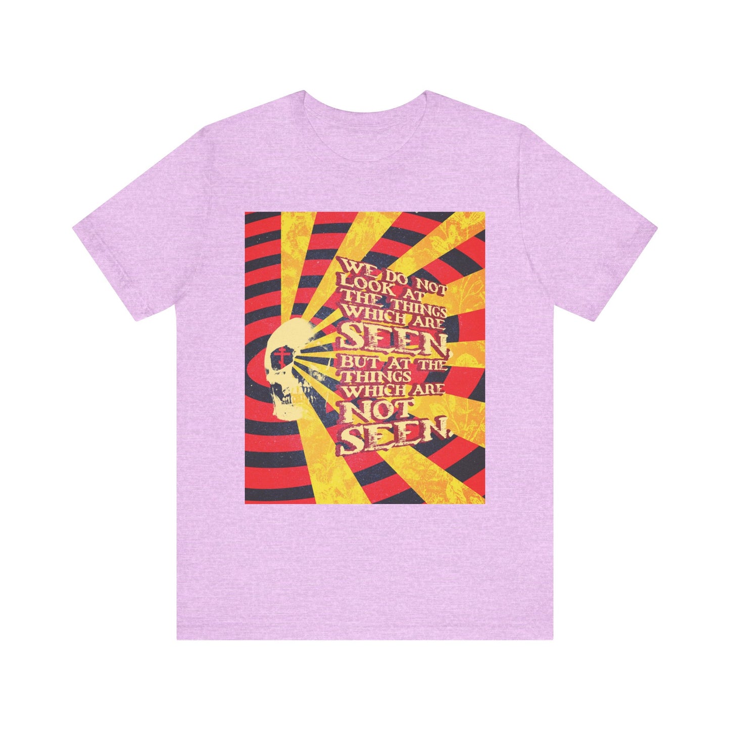 This Heather Prism Lilac tee, titled “We Do Not Look at the Things Which Are Seen,” features a skull and yellow-red rays in a Giallo horror movie poster aesthetic with the inspiring message: “We do not look at the things which are seen...”, drawn from 2 Corinthians 4:18, reminding us to focus on spiritual riches and eternal life. This Orthodox Christian lightweight cotton unisex shirt offers both comfort and meaning.