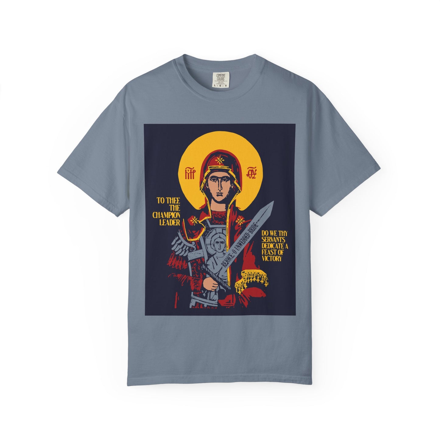 To Thee the Champion Leader | Mother of God | Theotokos with Sword IconoGraphic | Heavyweight Cotton Unisex Orthodox T-Shirt