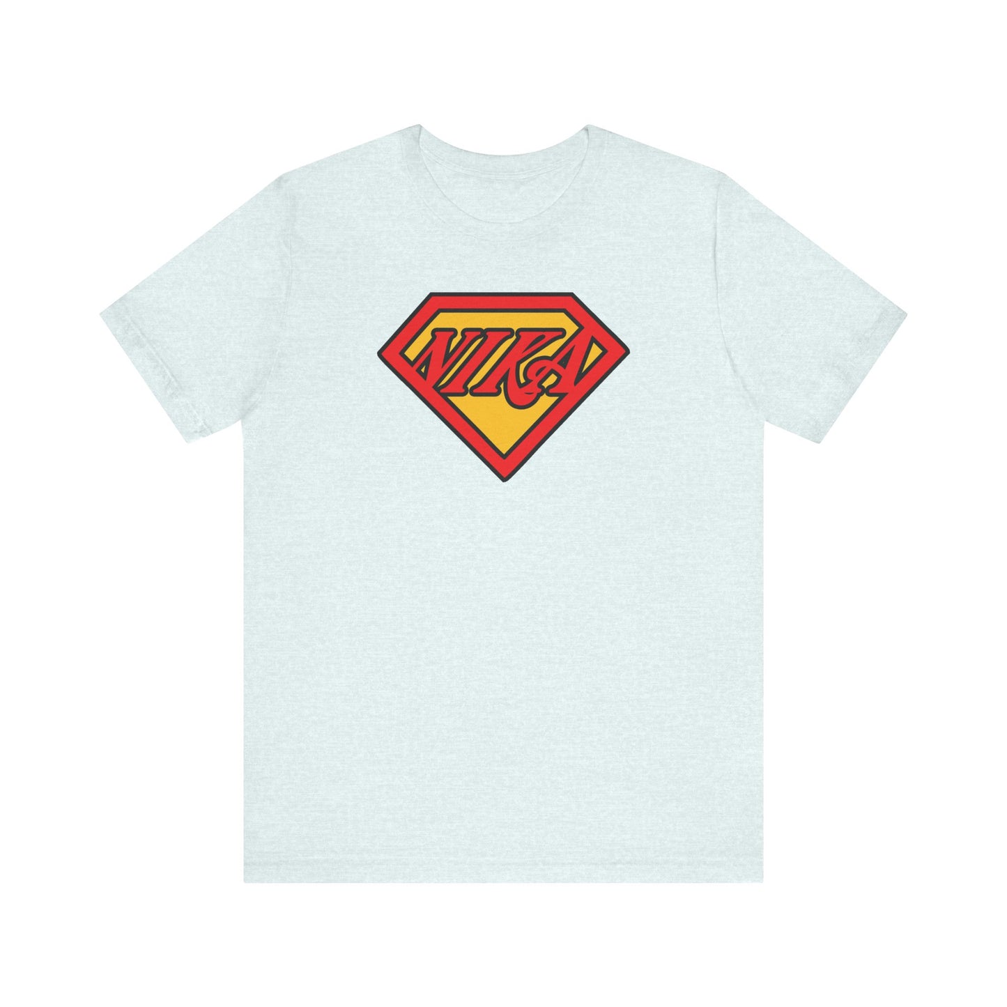 Heather ice blue unisex tee featuring a red and yellow Superman-inspired NIKA logo—a bold nod to faith, blending comic book pop culture with Orthodox Christianity, inspired by St John of Kronstadt’s message to conquer passions.
