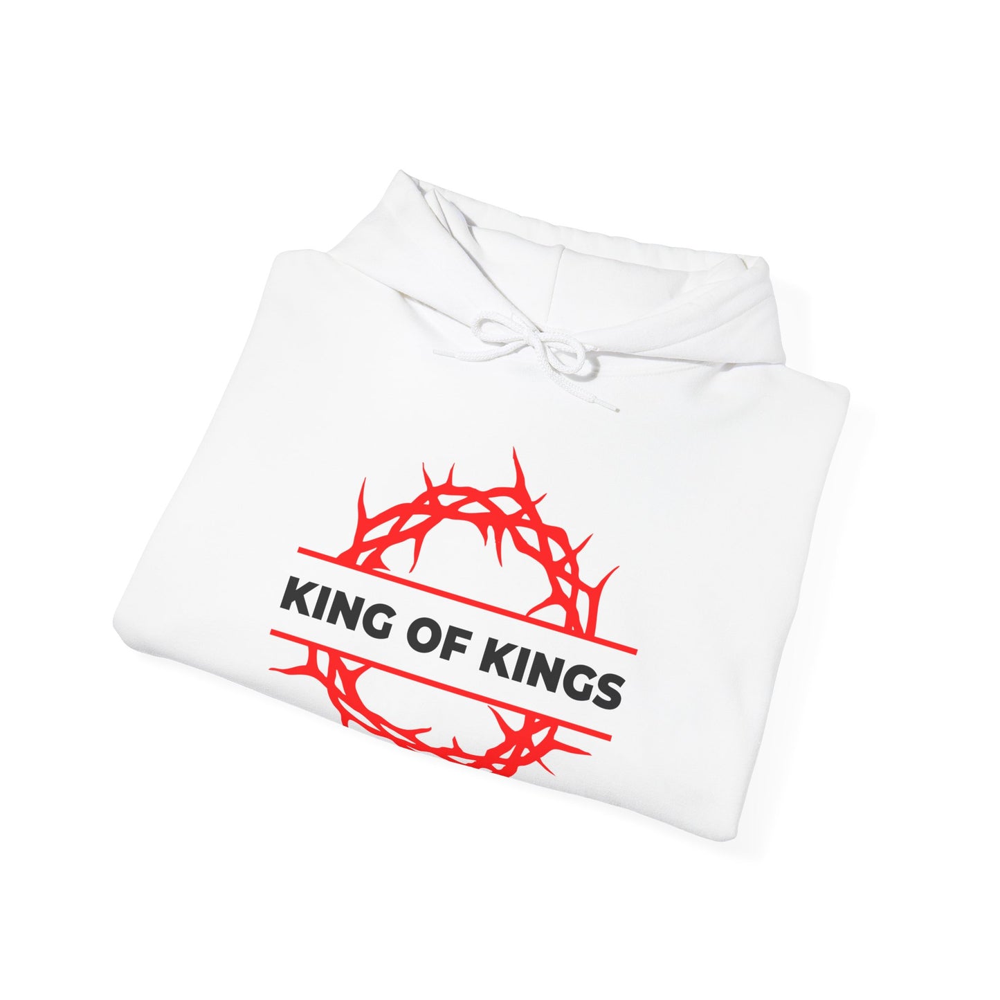 A folded white "King of Kings Crown of Thorns" hoodie, inspired by Revelation 19:16, with a red crown of thorns and "KING OF KINGS" on the front—an Orthodox Christian design celebrating Christ as King.