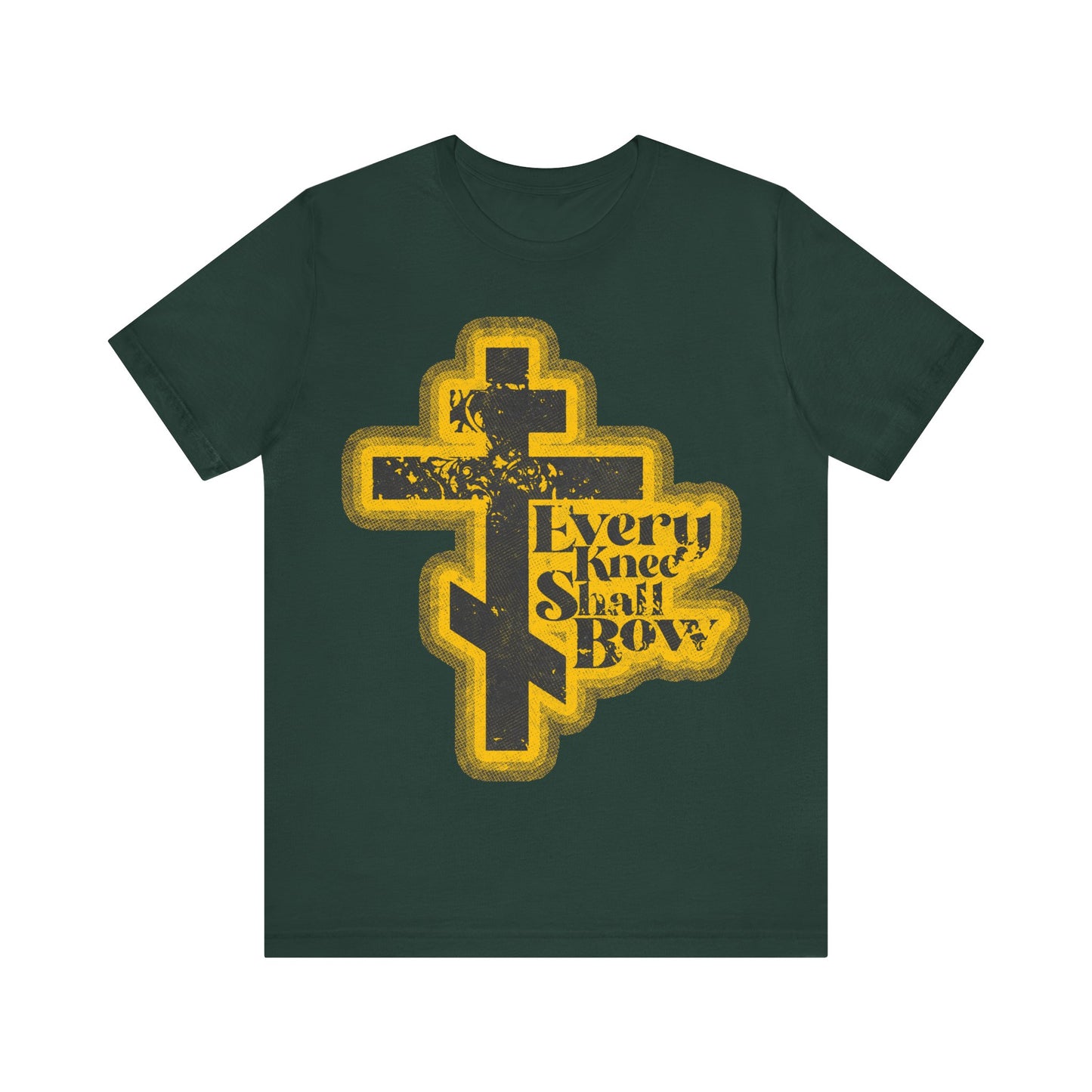 Forest green "Every Knee Shall Bow" t-shirt with 70s distressed halftone comic book design, inspired by Philippians 2:10-11 and Isaiah 45:23. Orthodox Christian message.