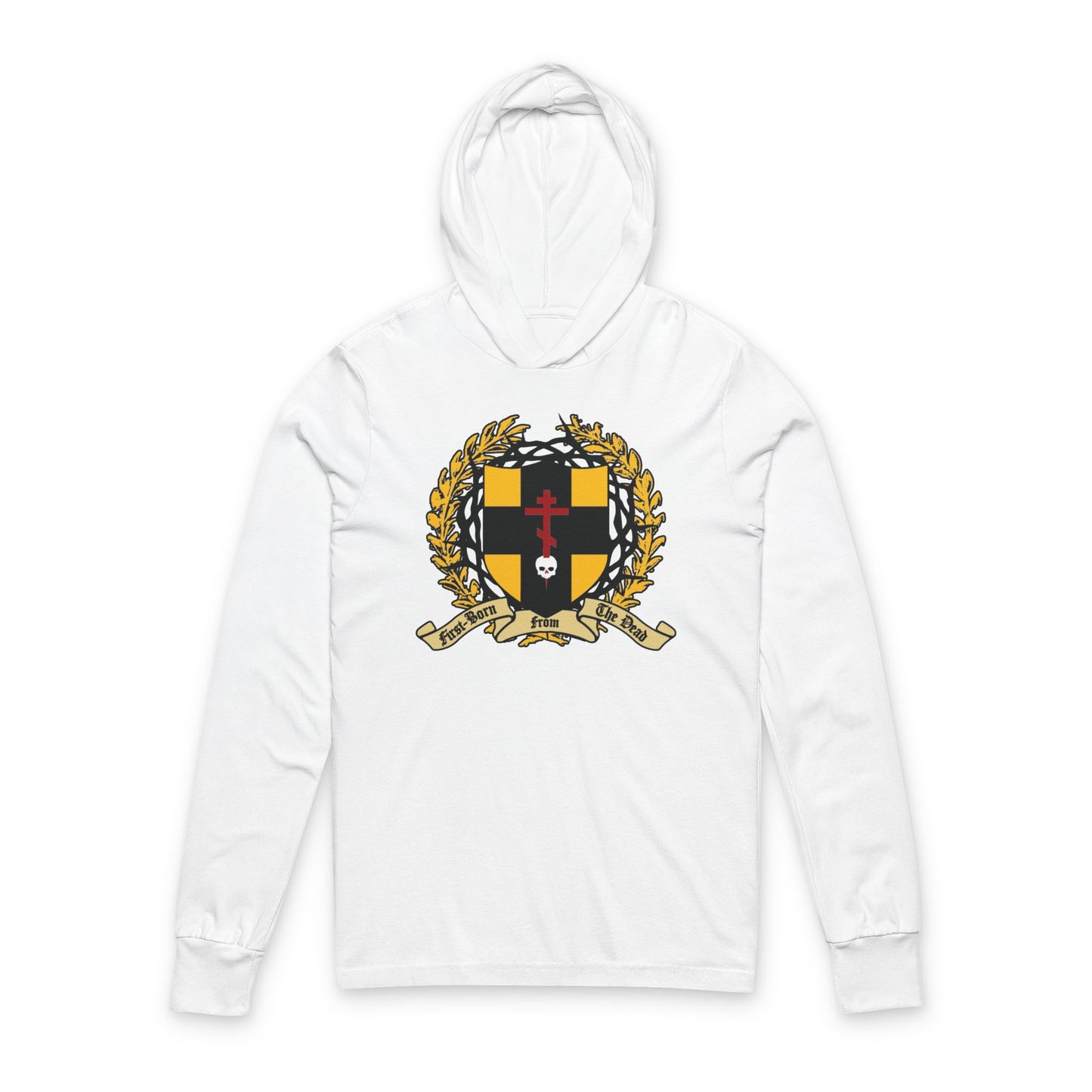 White hoodie with Orthodox cross stabbing skull, shield featuring victory wreath and crown of thorns, inspired by Col 1:18 "First-Born from the Dead" and the story of redemption in Egypt. Christian cotton shirt.