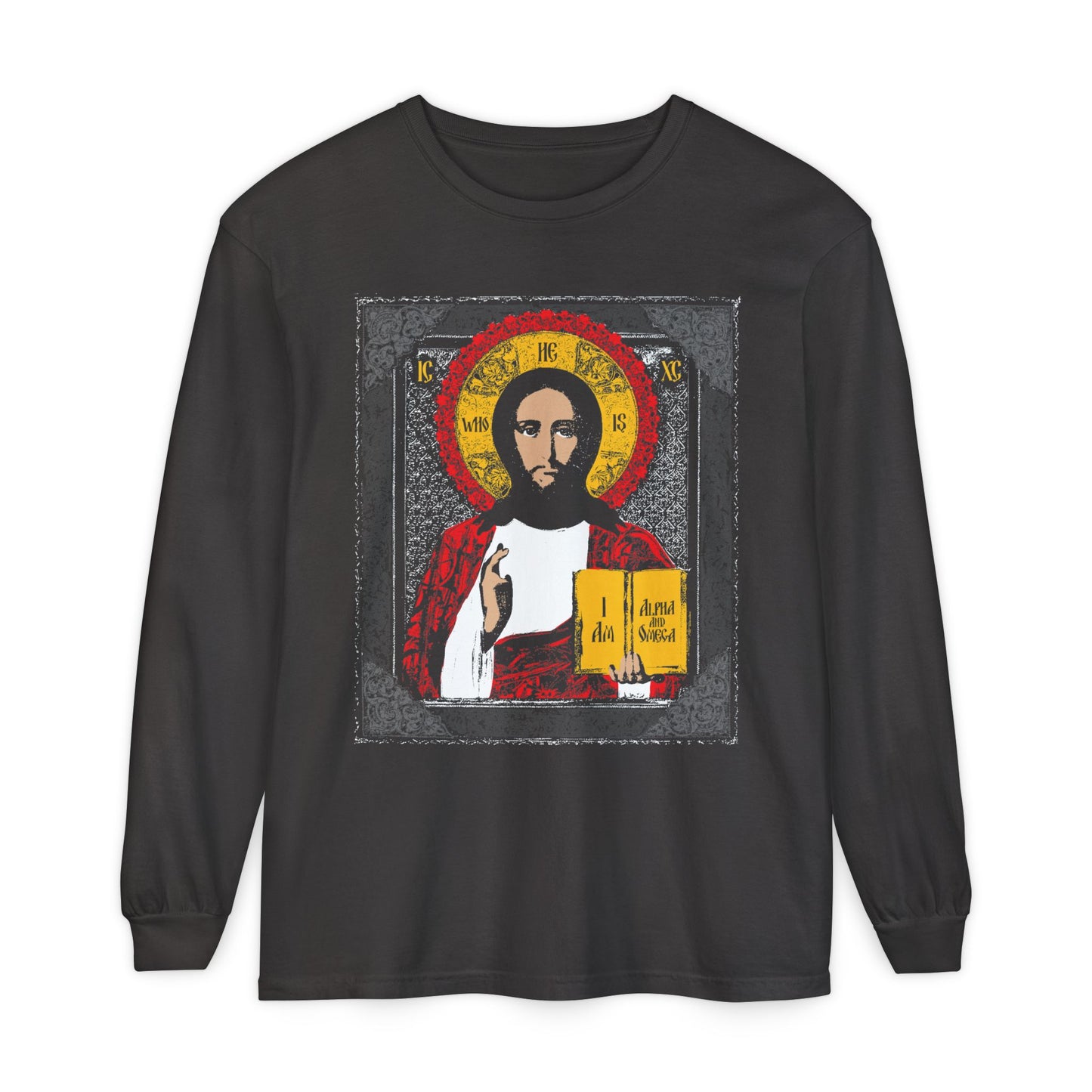 Graphite long-sleeve cotton shirt featuring a Christ Pantocrator icon graphic with Jesus holding a book, gold halo, and "I AM" inspired by Exodus 3:14; reads "He-Who-Is" and "Alpha and Omega.