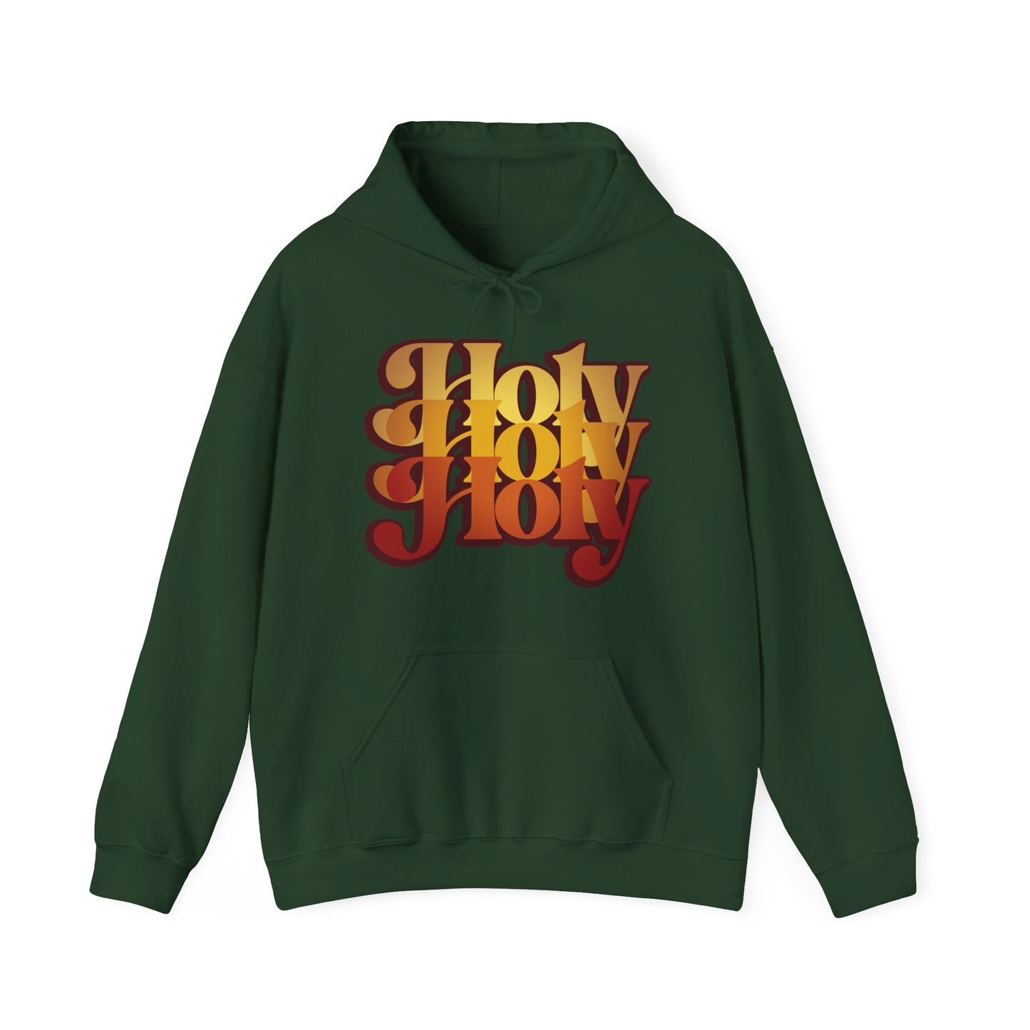 The Holy Holy Holy Trisagion hoodie, in forest green, features bold 70s-style yellow and red text inspired by Isaiah 6:1–3—Orthodox Christian design with Cherubim & Seraphim prayer.