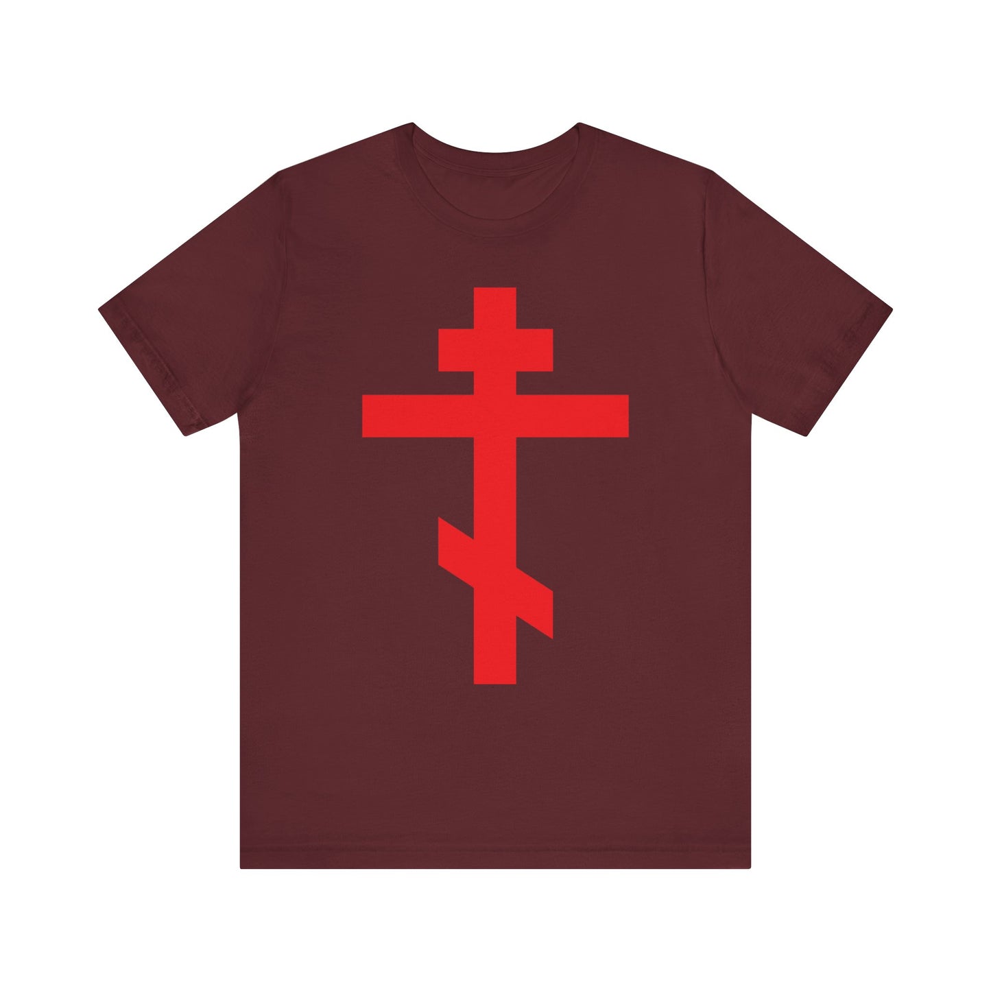Maroon t-shirt: "Bright Red Orthodox Cross | Preserve Thy People By Thy Cross, O Lord | Crucified With Christ | Christ is King." Lightweight cotton unisex design features a bold red Orthodox Cross on the front.