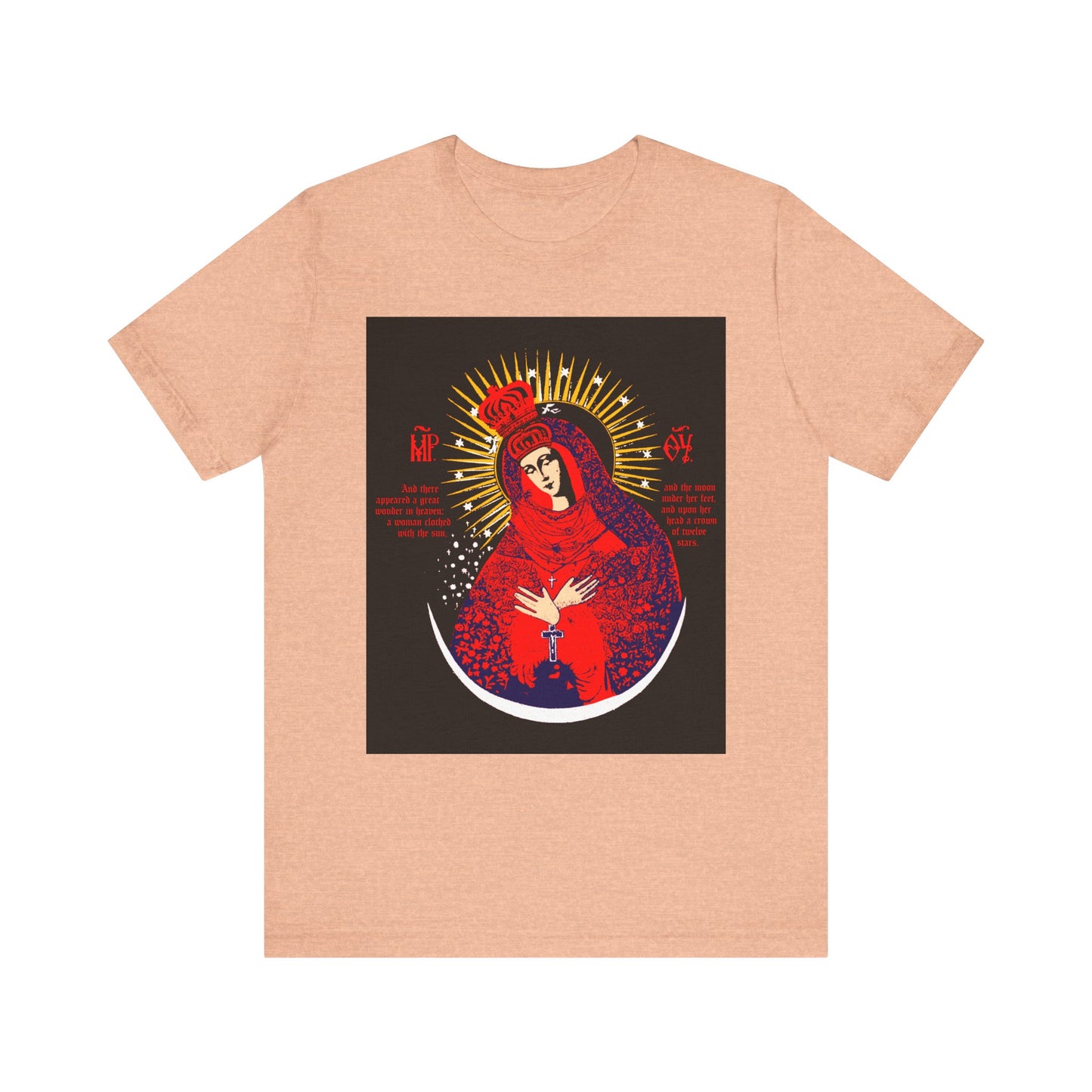 Heather Peach unisex t-shirt featuring a vibrant icon-inspired graphic of Our Lady the Gate of Dawn, Theotokos Crowned, and Woman of the Apocalypse. Lightweight cotton for comfort.