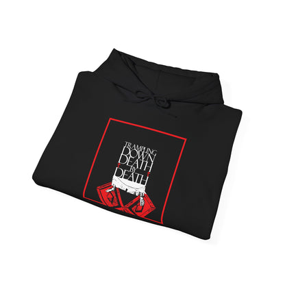 Black Trampling Down Death By Death hoodie showing feet trampling the gates of Hades.
