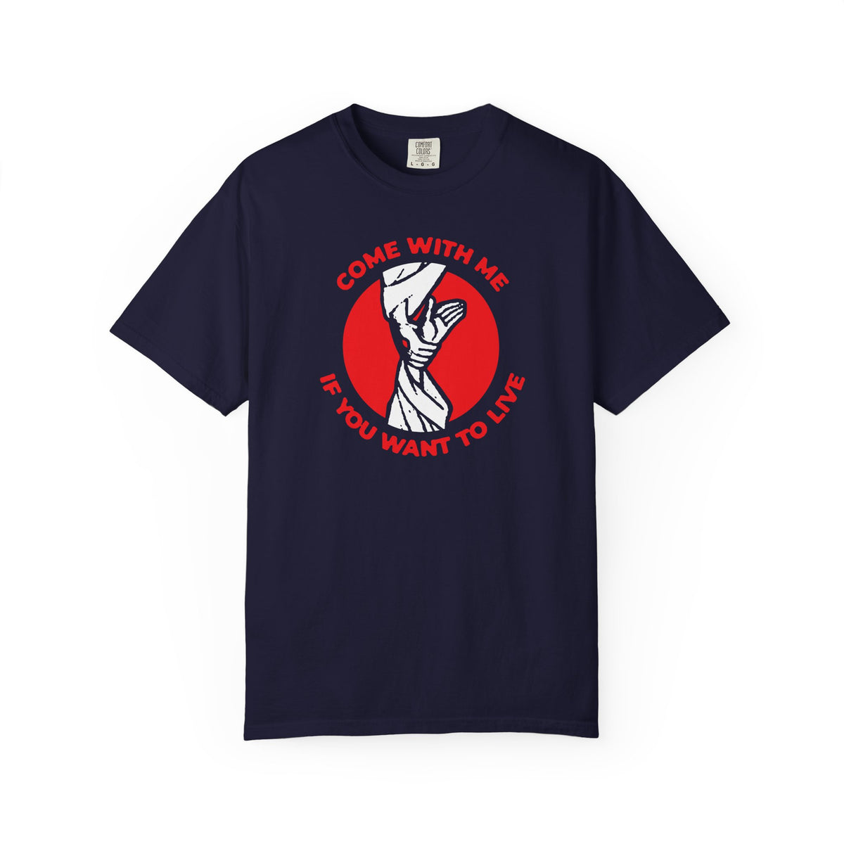 True Navy “Come With Me if You Want to Live” heavyweight cotton unisex t-shirt featuring an iconographic hand pulling Adam out of Hades, inspired by Orthodox Christian art.