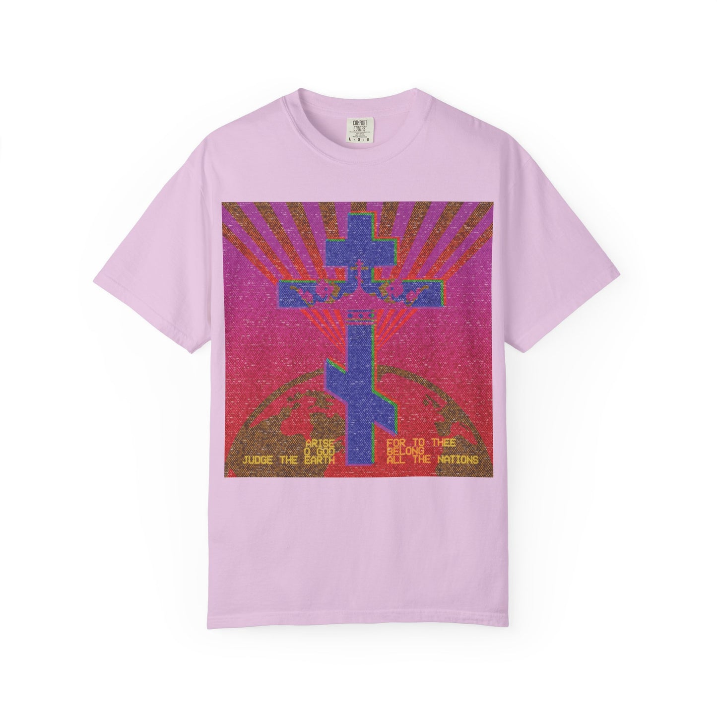 Orchid-colored unisex t-shirt featuring an 80s retro VCR/computer monitor pixel mosaic cross and rays, with gold text referencing “Arise, O God, Judge the Earth” (Psalm 81) and the divine council.