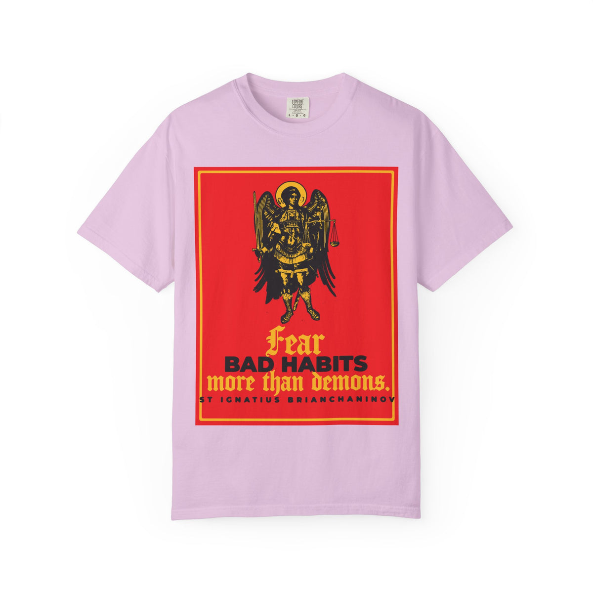 Orchid “Fear Bad Habits More Than Demons” unisex heavyweight cotton tee, featuring a striking red Archangel Michael icono-graphic and inspired by St. Ignatius Brianchaninov, boldly reminds us of the spiritual struggle for moral freedom we encounter daily.