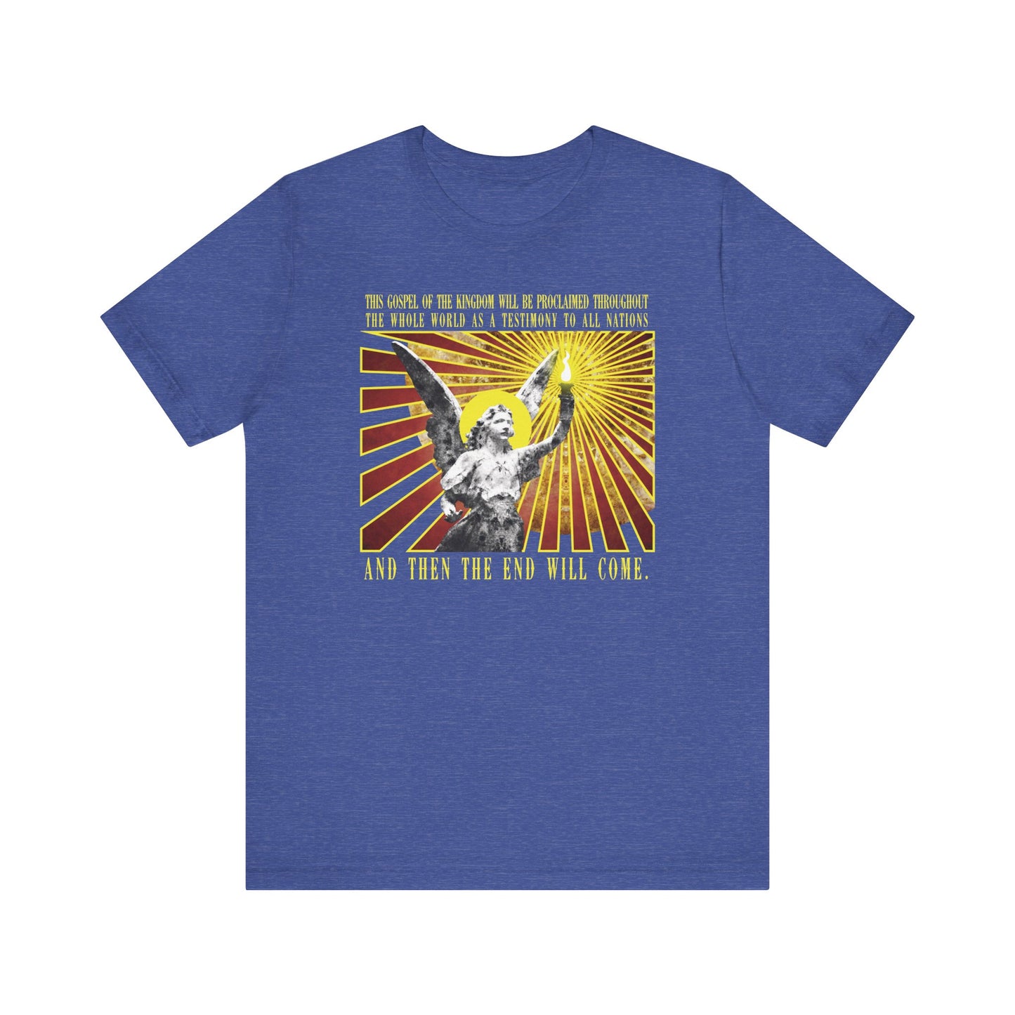 Heather True Royal t-shirt titled "And Then the End Will Come (Matthew 24:14)" features a cemetery angel holding a lamp with shining rays—Christian design inspired by gospel and end times prophecy. Lightweight unisex cotton.