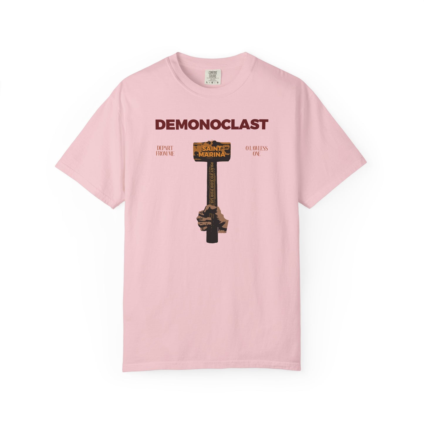 Blossom t-shirt featuring "DEMONOCLAST" and a NIKA fist holding St. Marina's hammer, symbolizing Christ's victory and unseen warfare; heavyweight Orthodox unisex tee inspired by martyrdom.