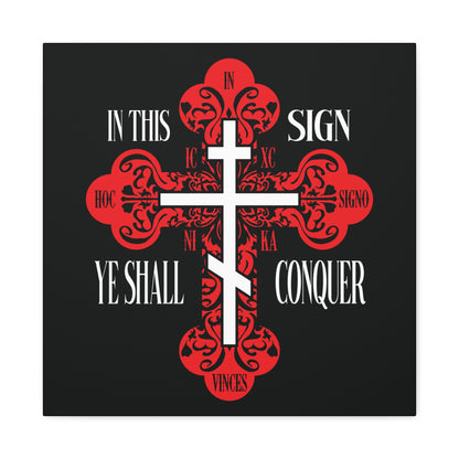 The "In This Sign Ye Shall Conquer | In Hoc Signo Vinces | ICXC NIKA" wall art features a red ornate Orthodox Cross with "Jesus Christ Conquers"—a symbol of Spiritual Warfare and Christian faith for your space.