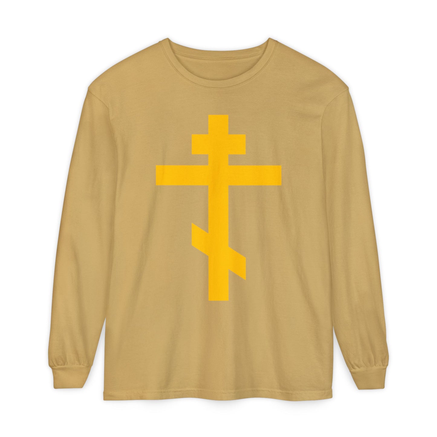 Mustard long-sleeve Christian cotton shirt featuring a large yellow Orthodox cross—Precious and Life-Giving Weapon of Unseen Warfare, Scourge of Demons, inspired by Galatians 2:20: “Christ lives in me.”.