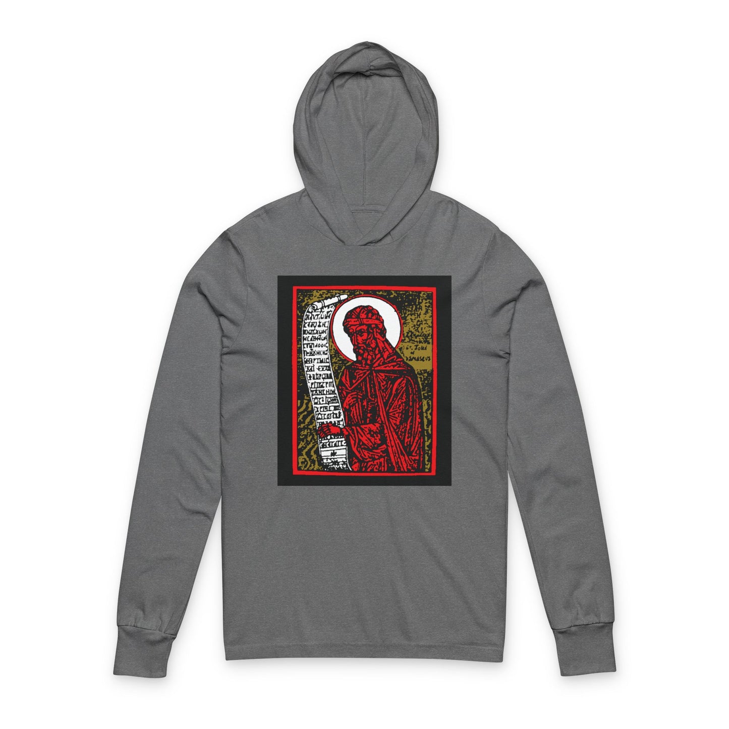 Grey TriBlend long sleeve cotton hoodie featuring a high-contrast red, gold, and black iconographic design inspired by St. John of Damascus and Orthodox Christian tradition.