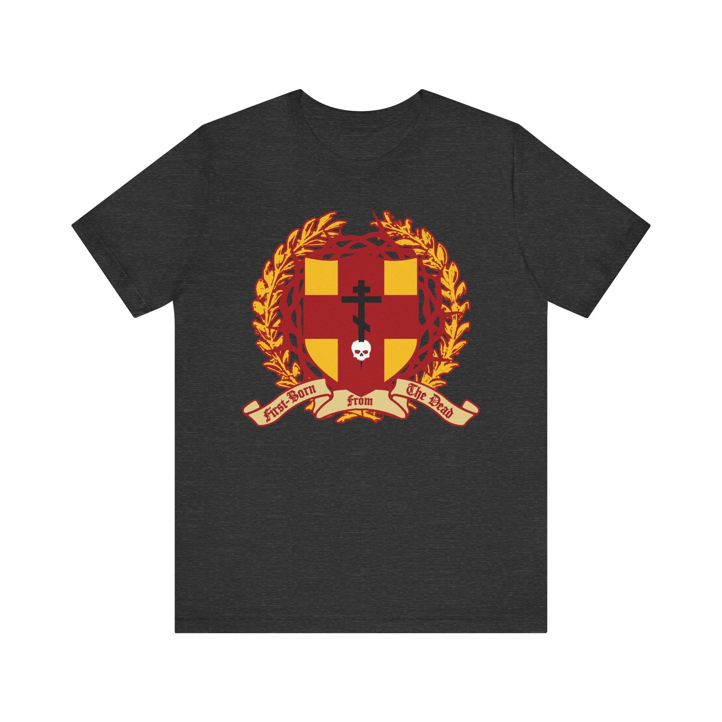 Dark Grey Heather t-shirt featuring an Orthodox cross stabbing a skull, heraldic shield with crown of thorns, inspired by "First-Born from the Dead" (Col 1:18). Lightweight cotton unisex fit.