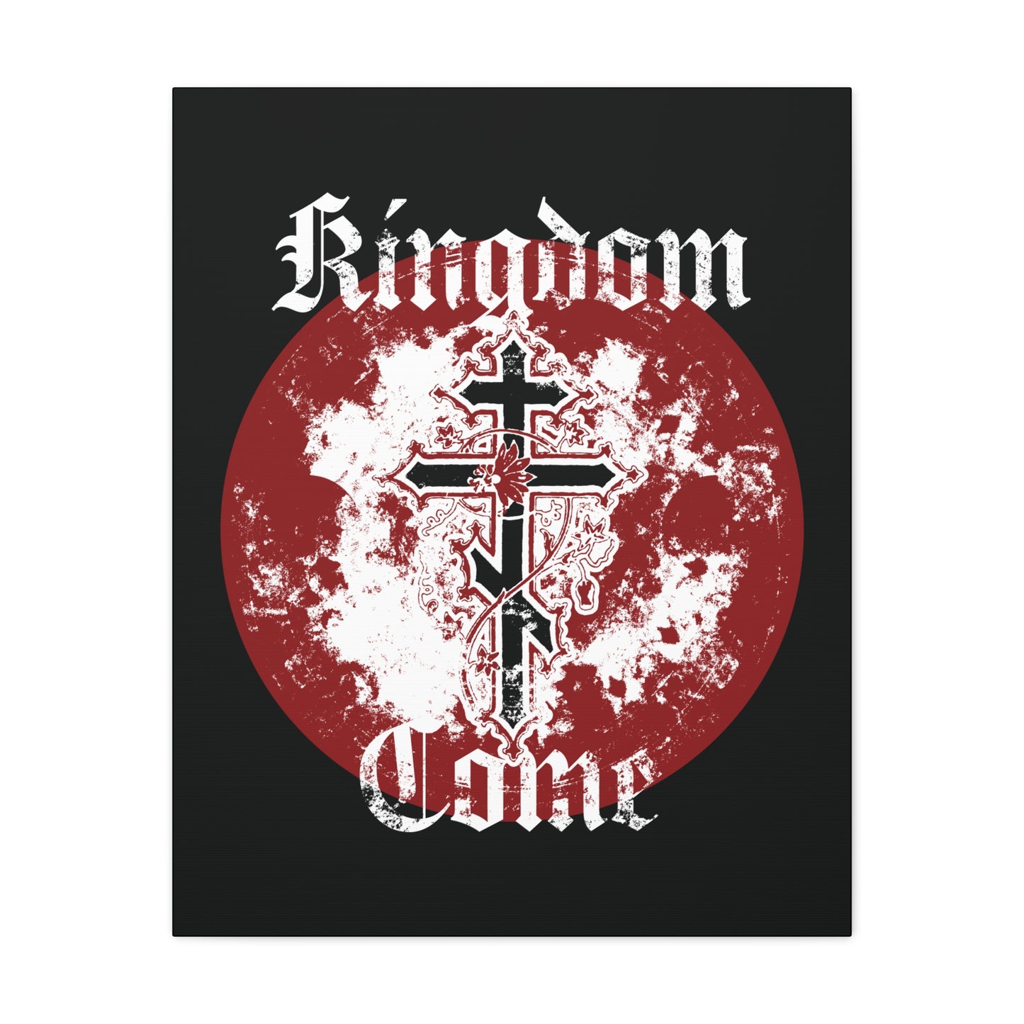 A textured Orthodox cross with vine overlays a red circle, symbolizing the Holy Spirit. "Kingdom Come" appears in bold gothic font above and below on this Orthodox Christian canvas art inspired by the Lord's Prayer.